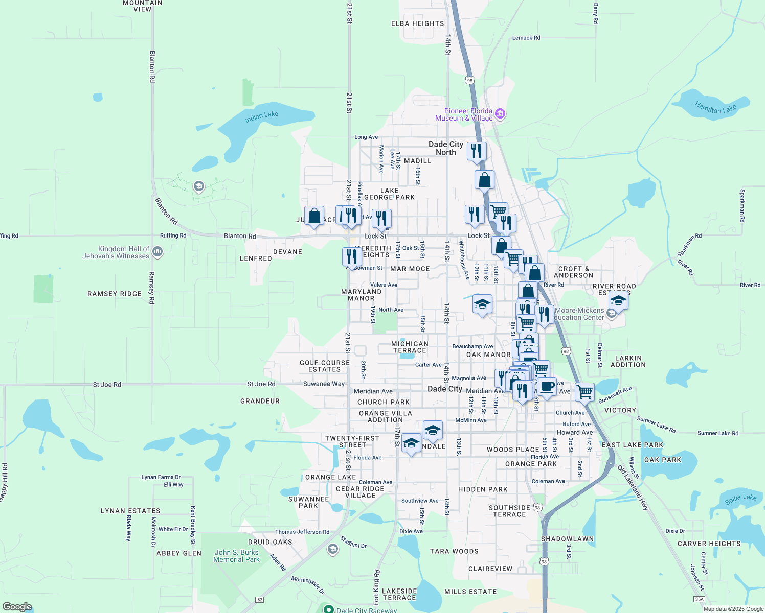 map of restaurants, bars, coffee shops, grocery stores, and more near 14621 18th Street in Dade City