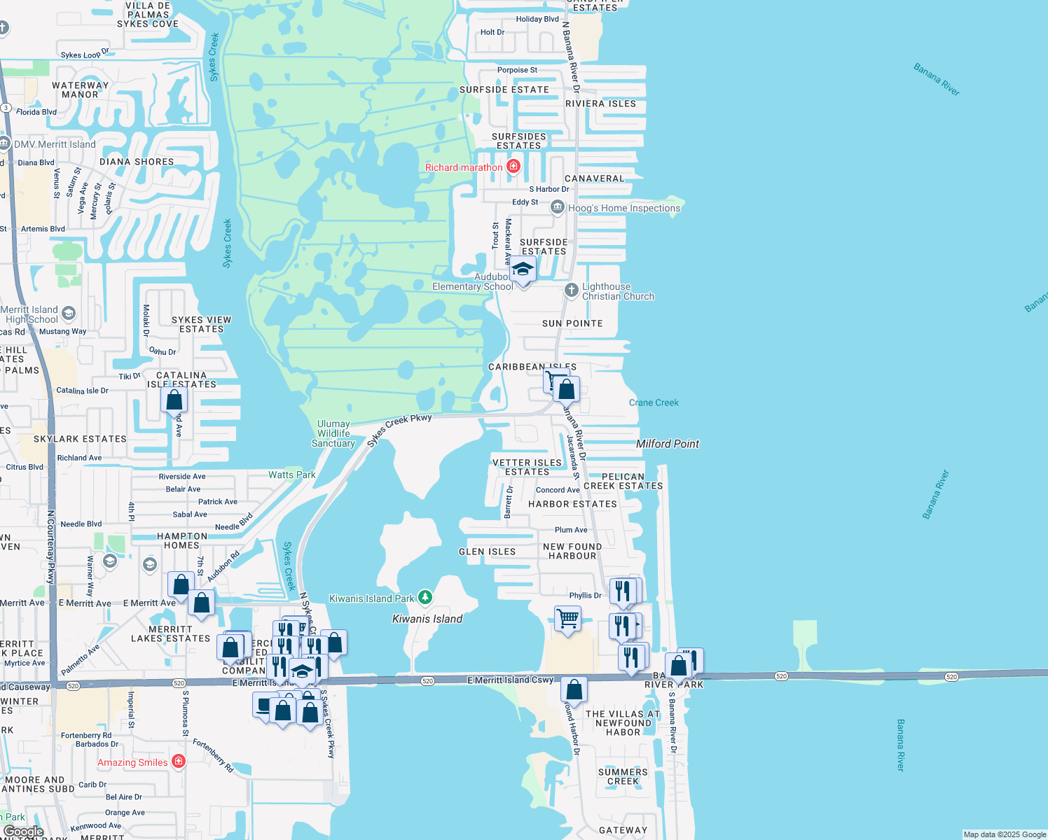 map of restaurants, bars, coffee shops, grocery stores, and more near 875 Lakewood Circle in Merritt Island