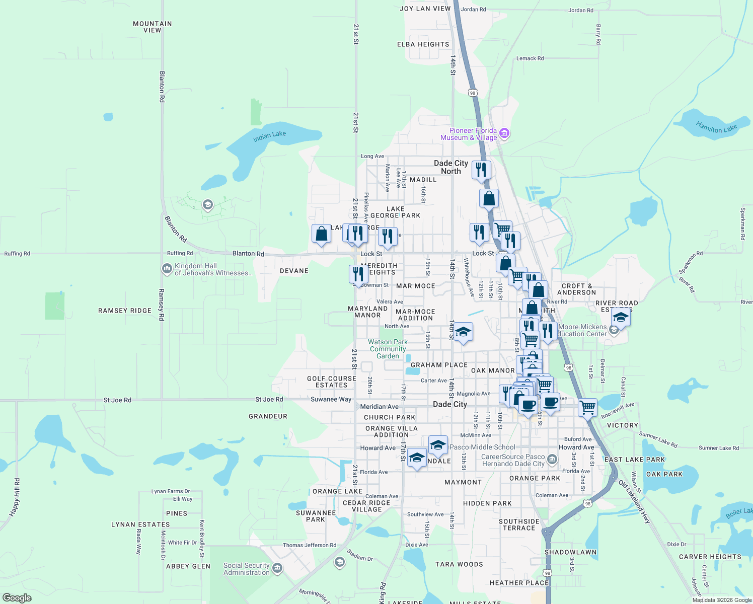 map of restaurants, bars, coffee shops, grocery stores, and more near 37135 Valera Avenue in Dade City