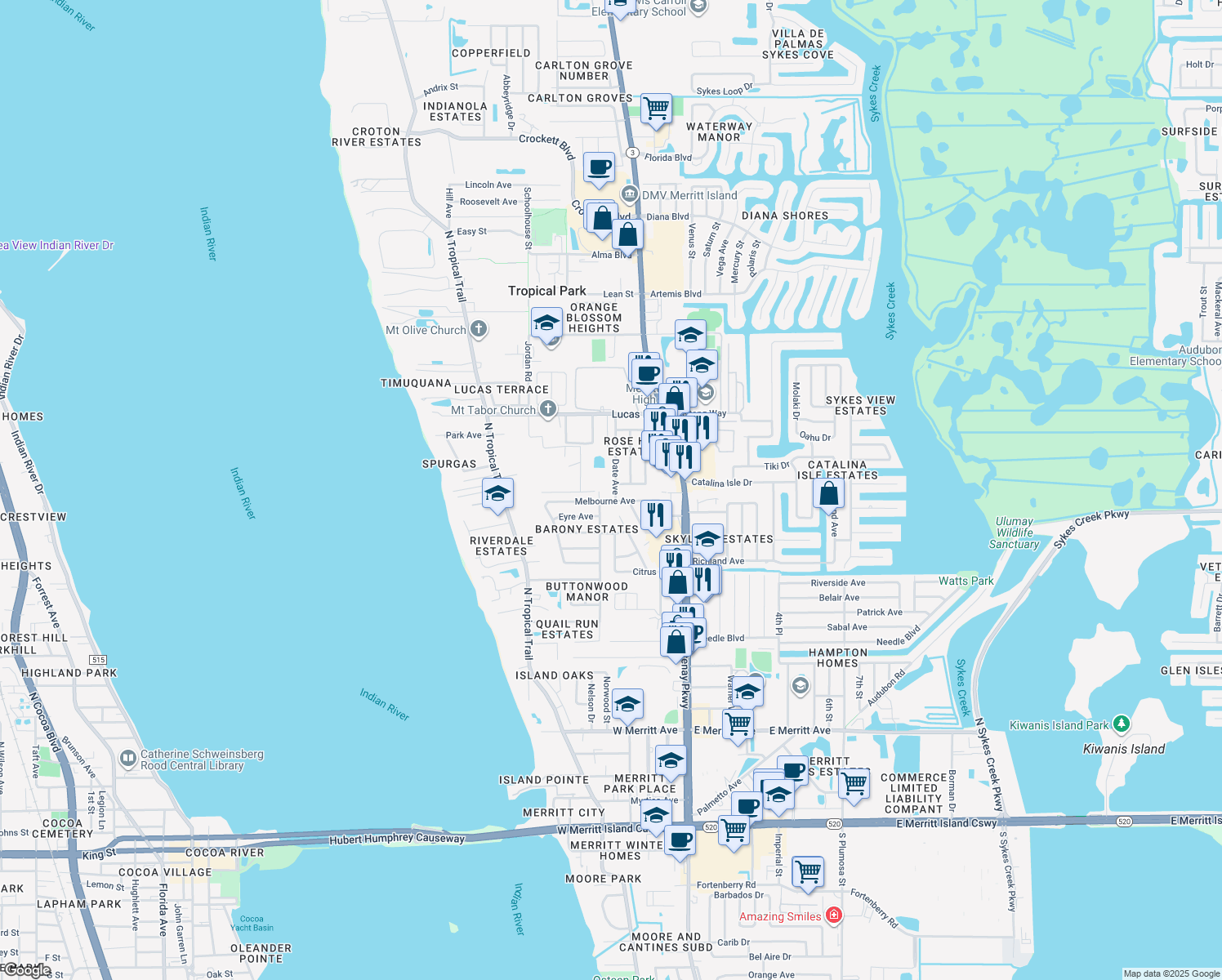 map of restaurants, bars, coffee shops, grocery stores, and more near 915 Date Avenue in Merritt Island