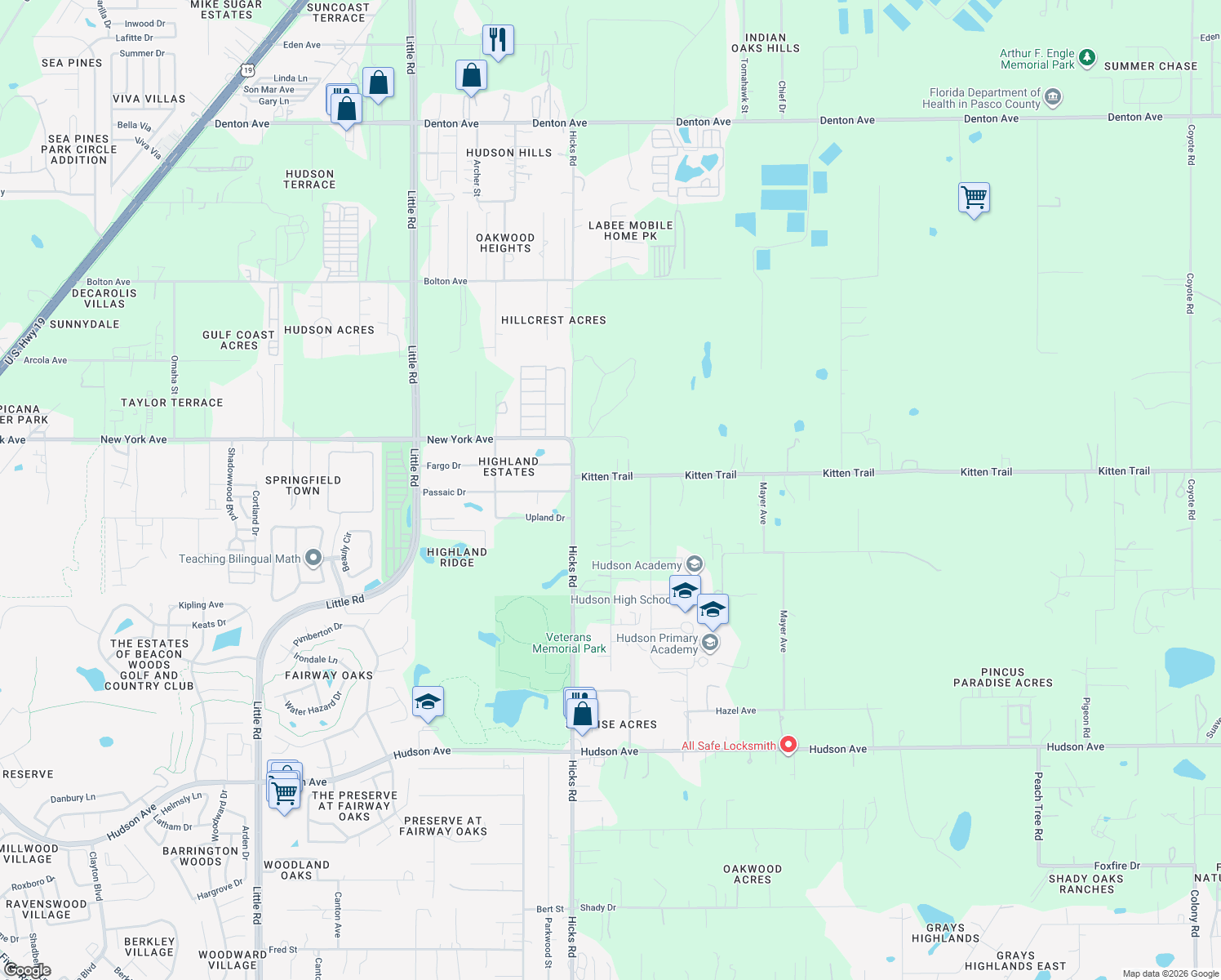 map of restaurants, bars, coffee shops, grocery stores, and more near 14811 Thompson Ave in Hudson