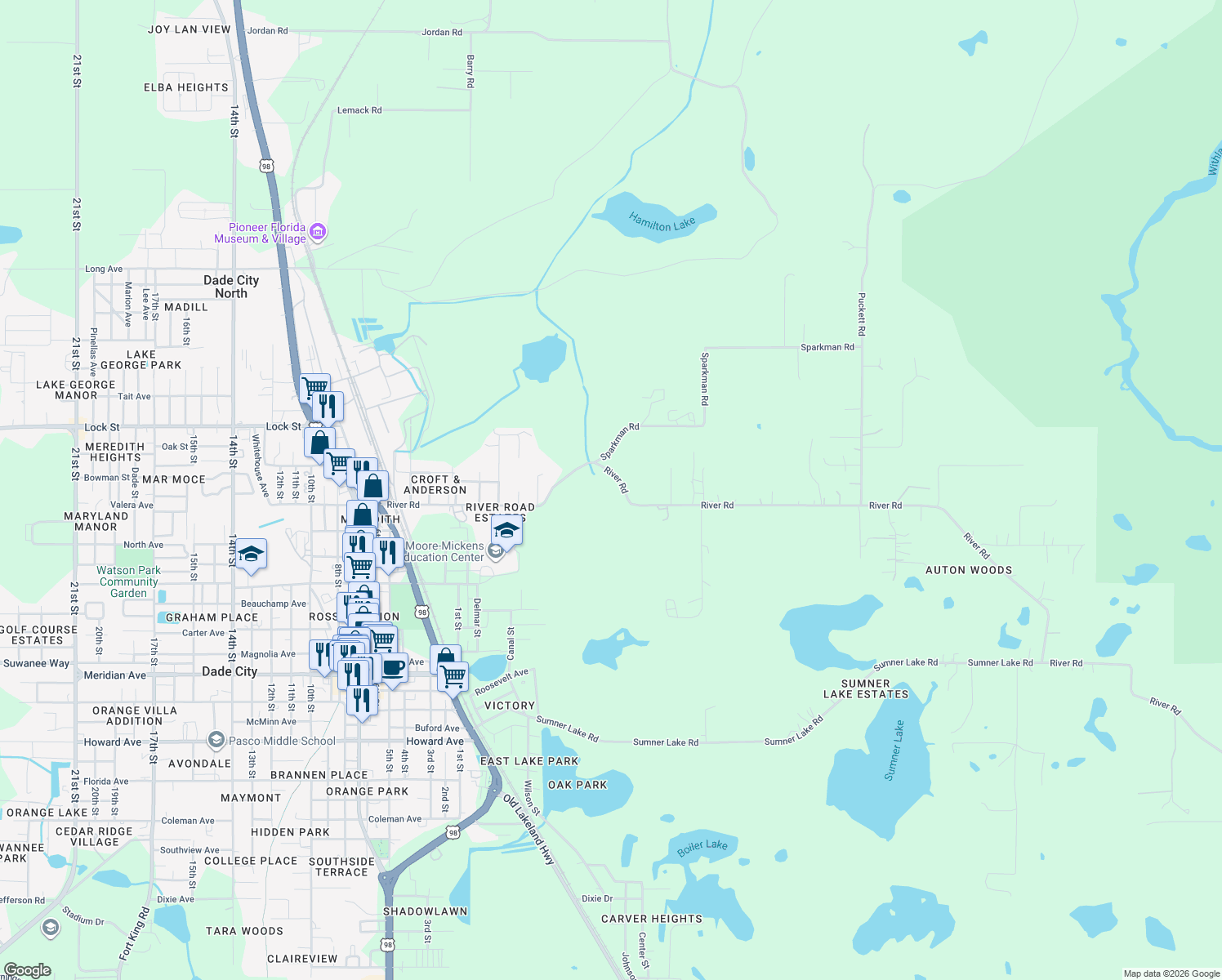 map of restaurants, bars, coffee shops, grocery stores, and more near 38710 River Road in Dade City