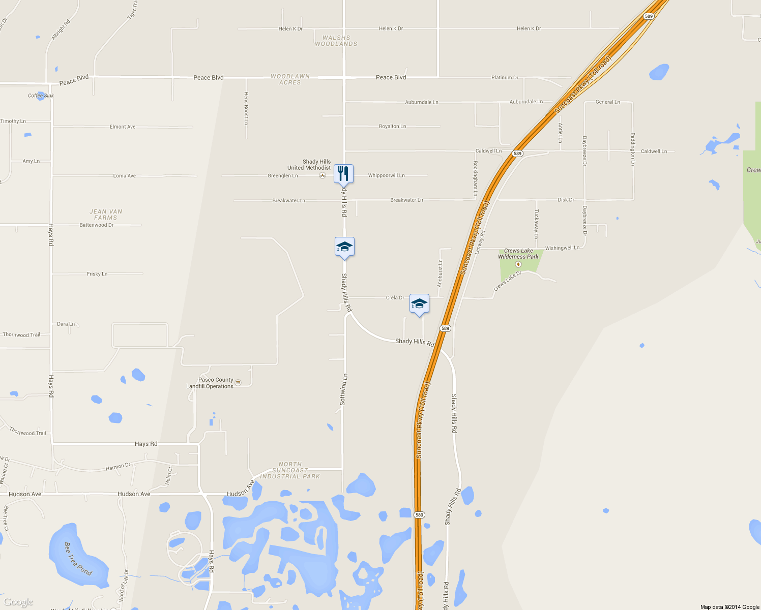 map of restaurants, bars, coffee shops, grocery stores, and more near 16146 Crela Drive in Spring Hill