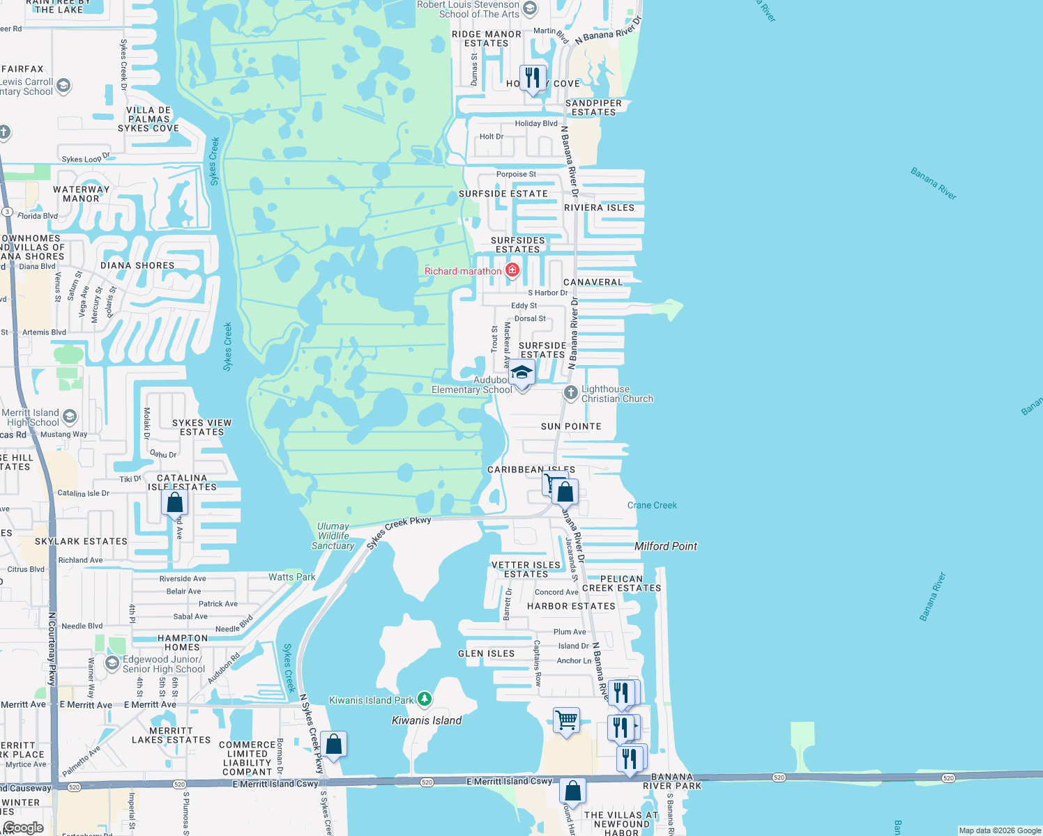 map of restaurants, bars, coffee shops, grocery stores, and more near 1431 Bermuda Avenue in Merritt Island