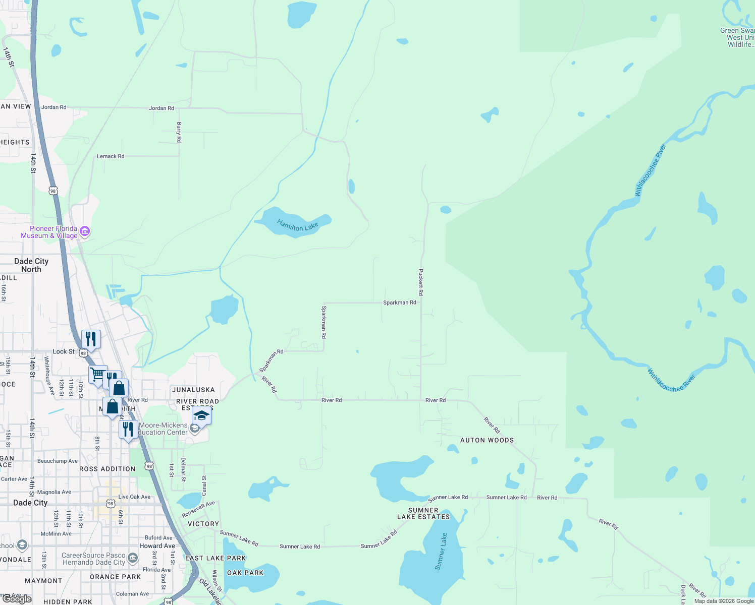 map of restaurants, bars, coffee shops, grocery stores, and more near 39241 Sparkman Road in Dade City