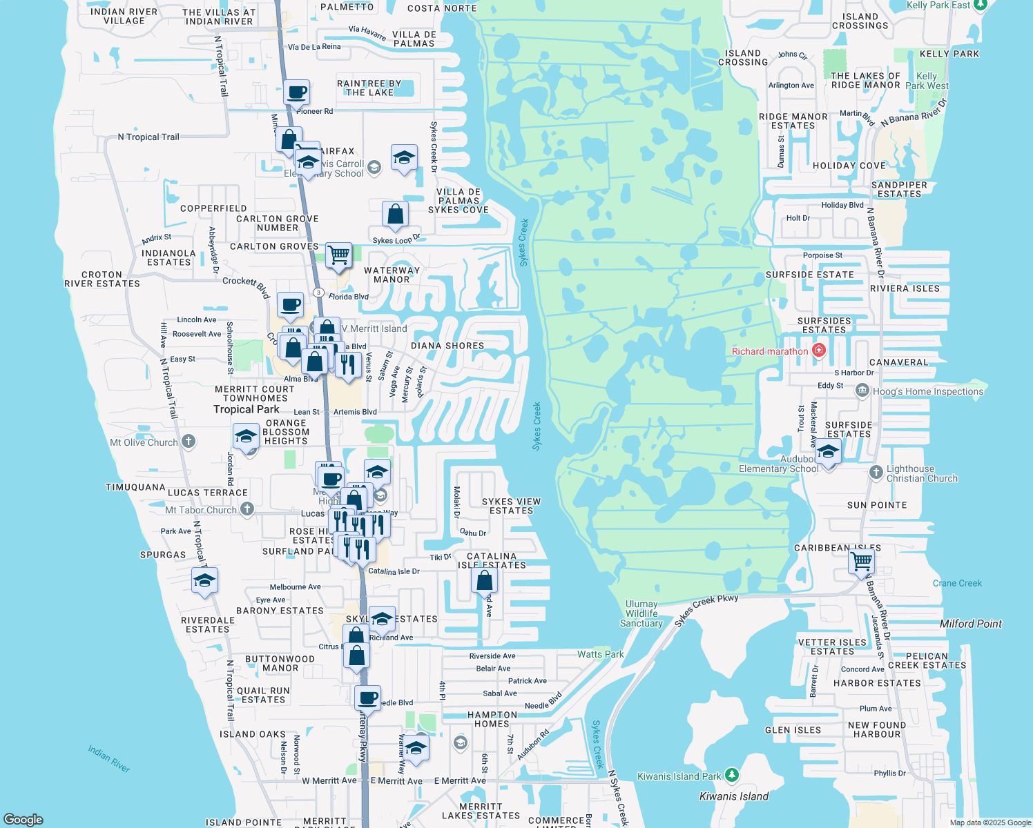 map of restaurants, bars, coffee shops, grocery stores, and more near 1440 Sykes Creek Drive in Merritt Island