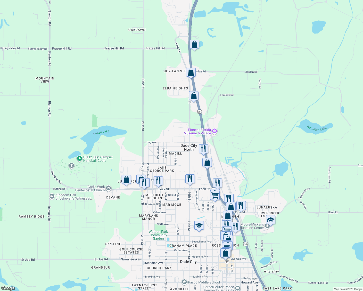 map of restaurants, bars, coffee shops, grocery stores, and more near 37407 Branch Avenue in Dade City