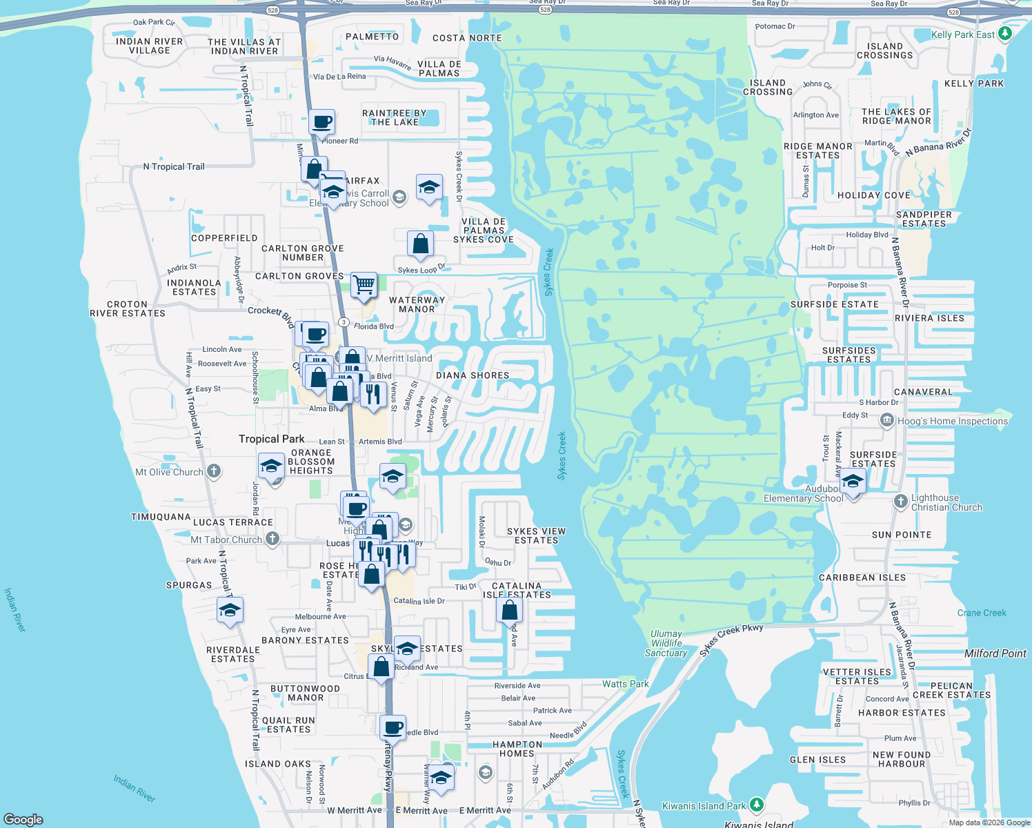 map of restaurants, bars, coffee shops, grocery stores, and more near 380 Artemis Boulevard in Merritt Island