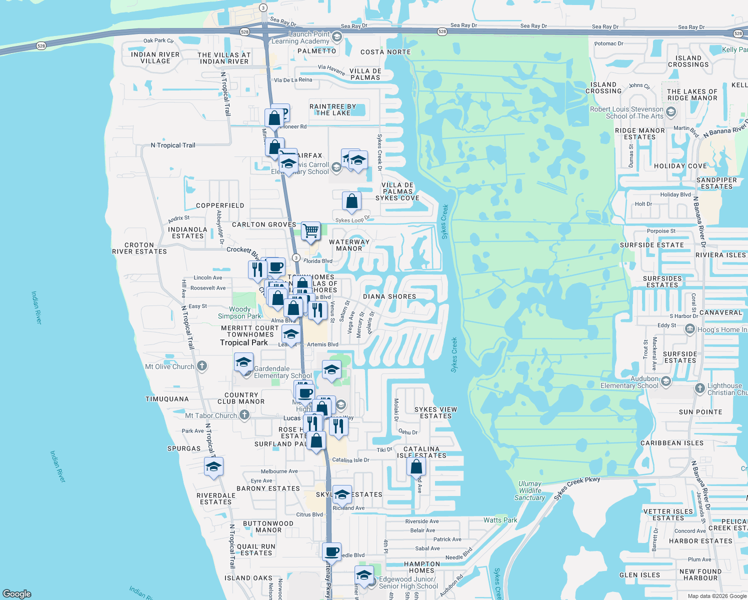map of restaurants, bars, coffee shops, grocery stores, and more near 1580 Mercury Street in Merritt Island