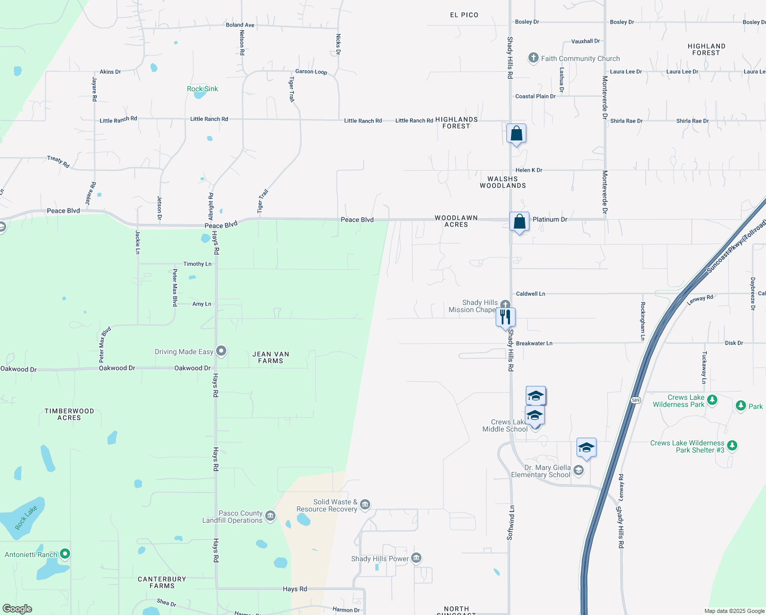 map of restaurants, bars, coffee shops, grocery stores, and more near 15339 Greenglen Lane in Spring Hill