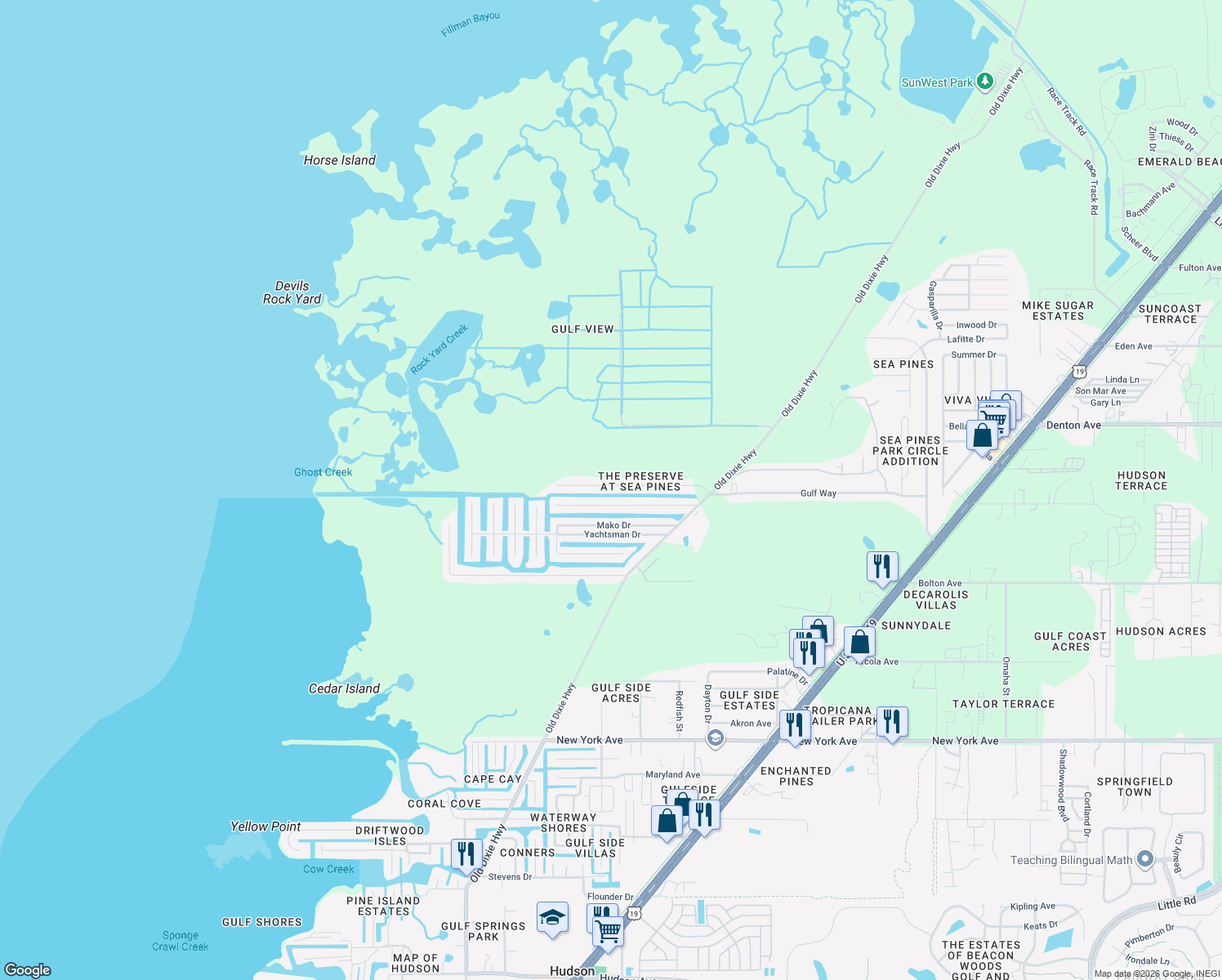 map of restaurants, bars, coffee shops, grocery stores, and more near 7438 Gulf Way in Hudson