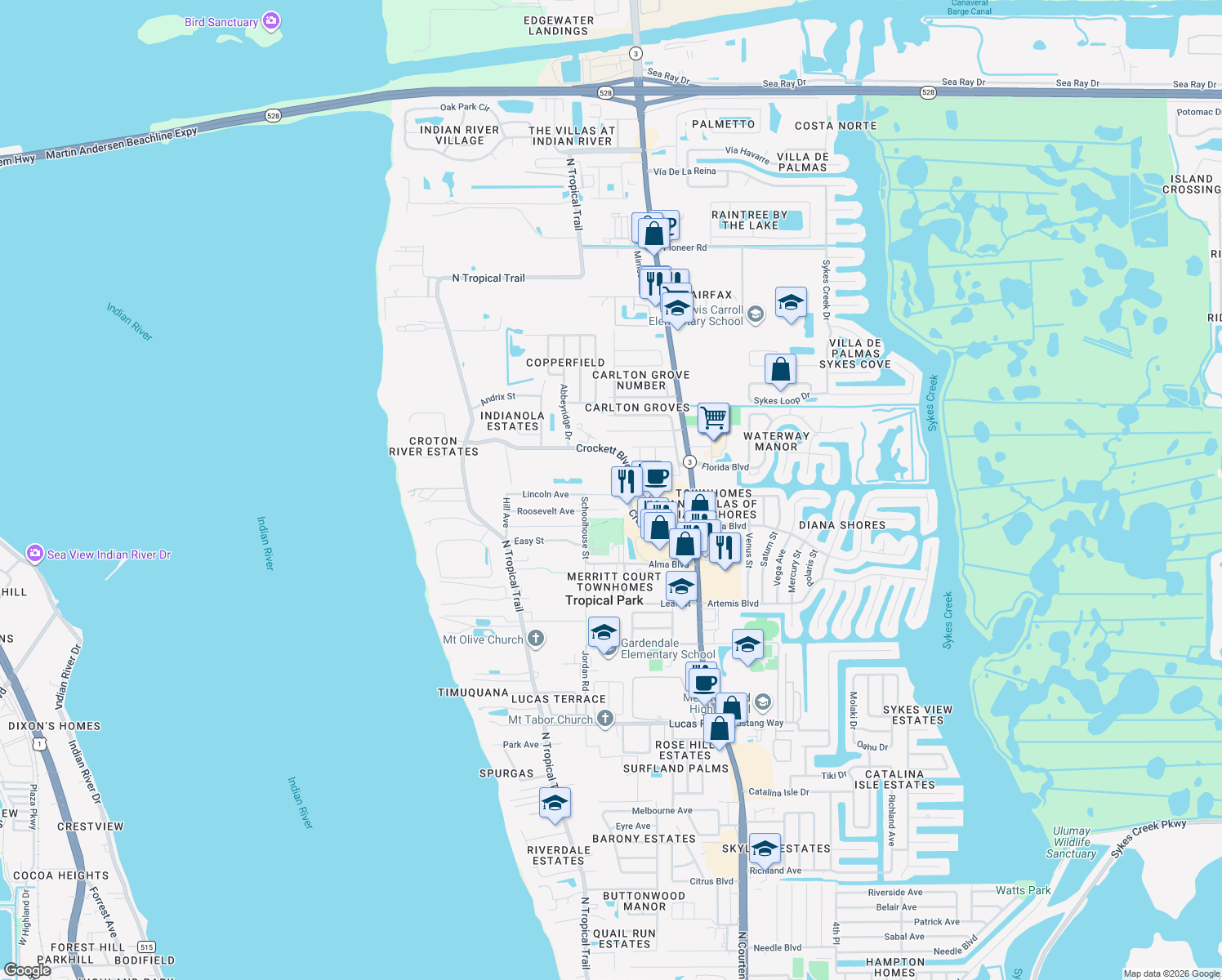 map of restaurants, bars, coffee shops, grocery stores, and more near 340 Fisher Lane in Merritt Island