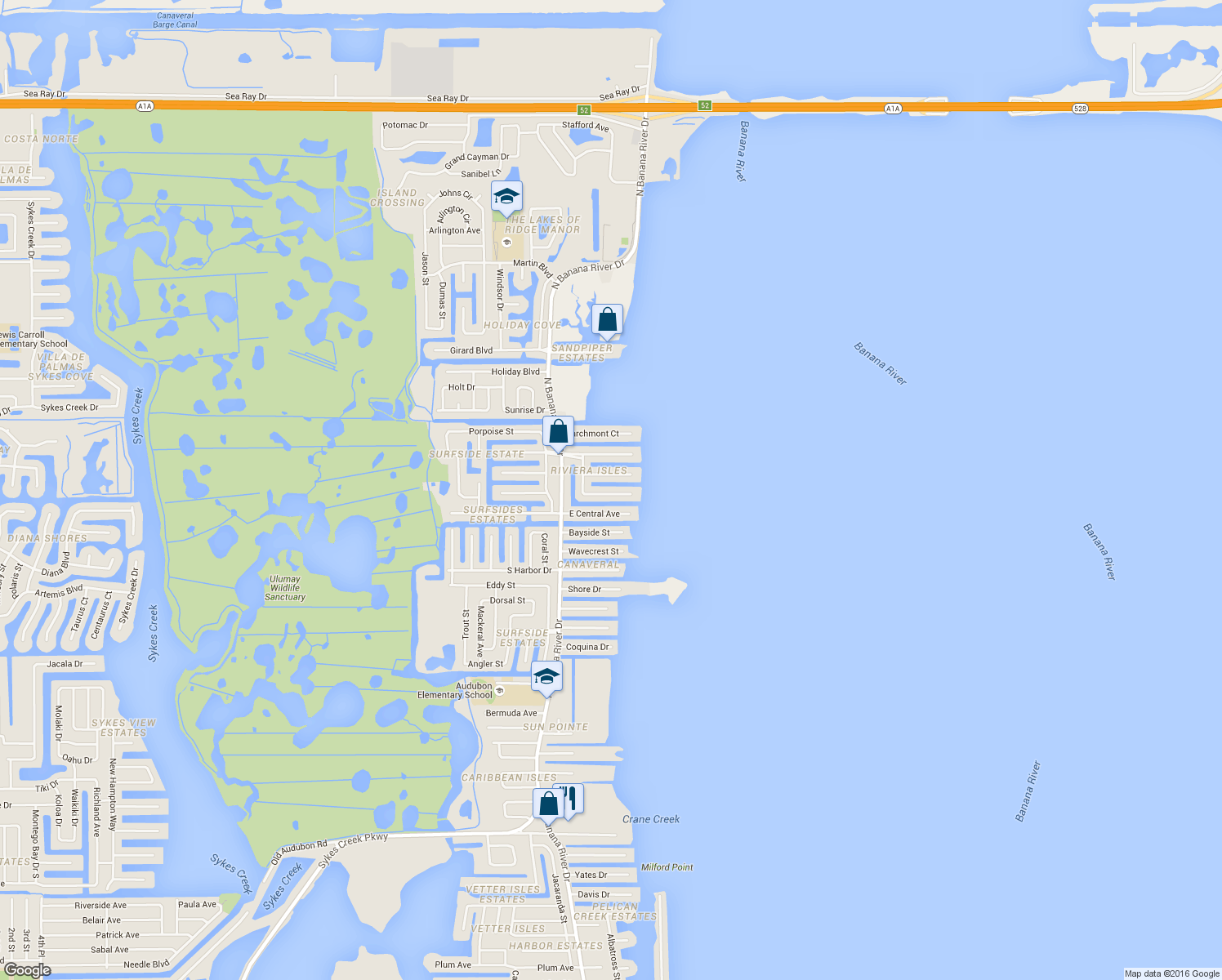 map of restaurants, bars, coffee shops, grocery stores, and more near 1720 Rochelle Parkway in Merritt Island