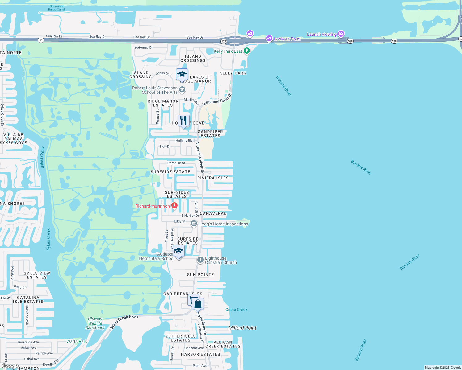 map of restaurants, bars, coffee shops, grocery stores, and more near 1770 Rochelle Parkway in Merritt Island