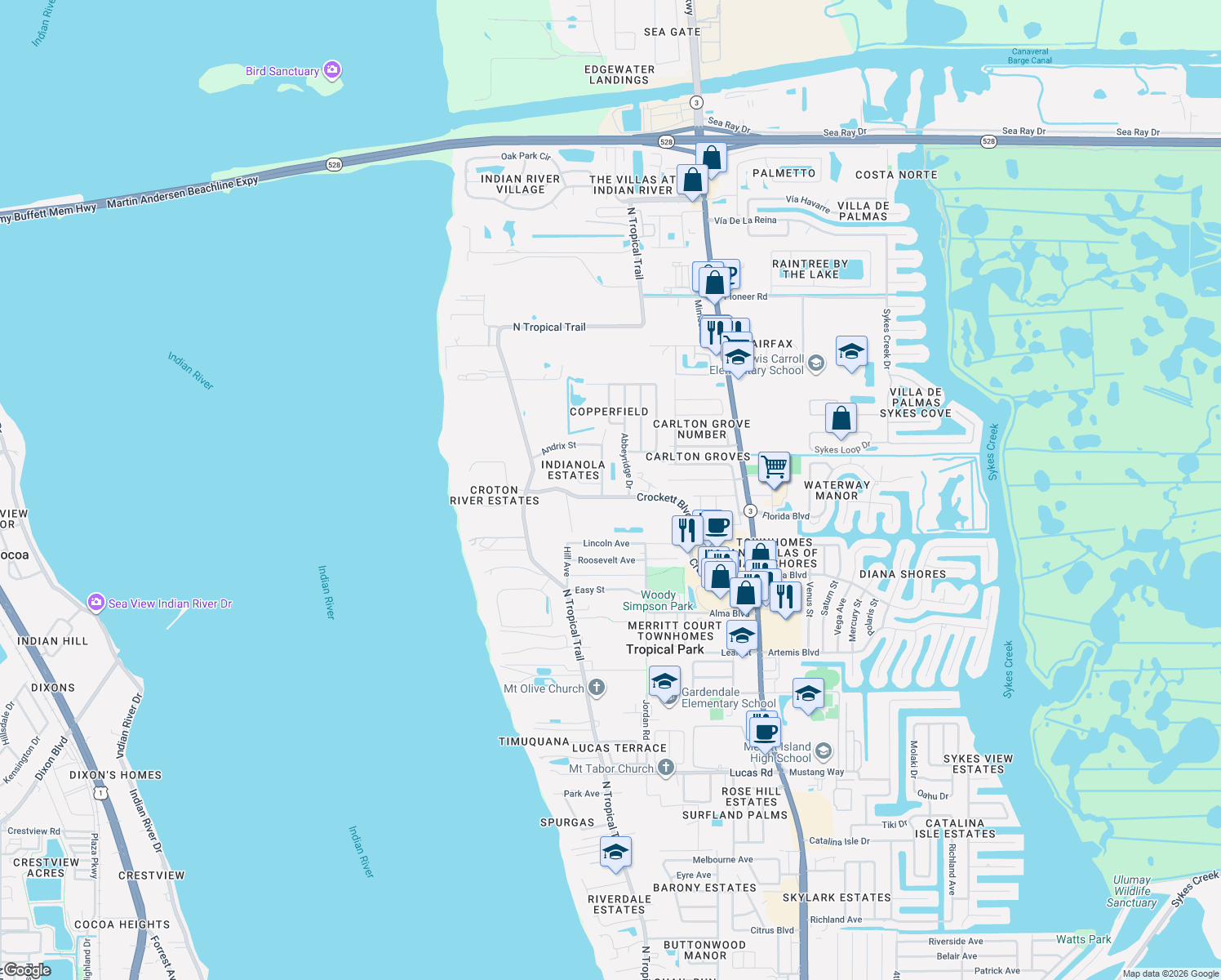 map of restaurants, bars, coffee shops, grocery stores, and more near 1800 Crawford Avenue in Merritt Island