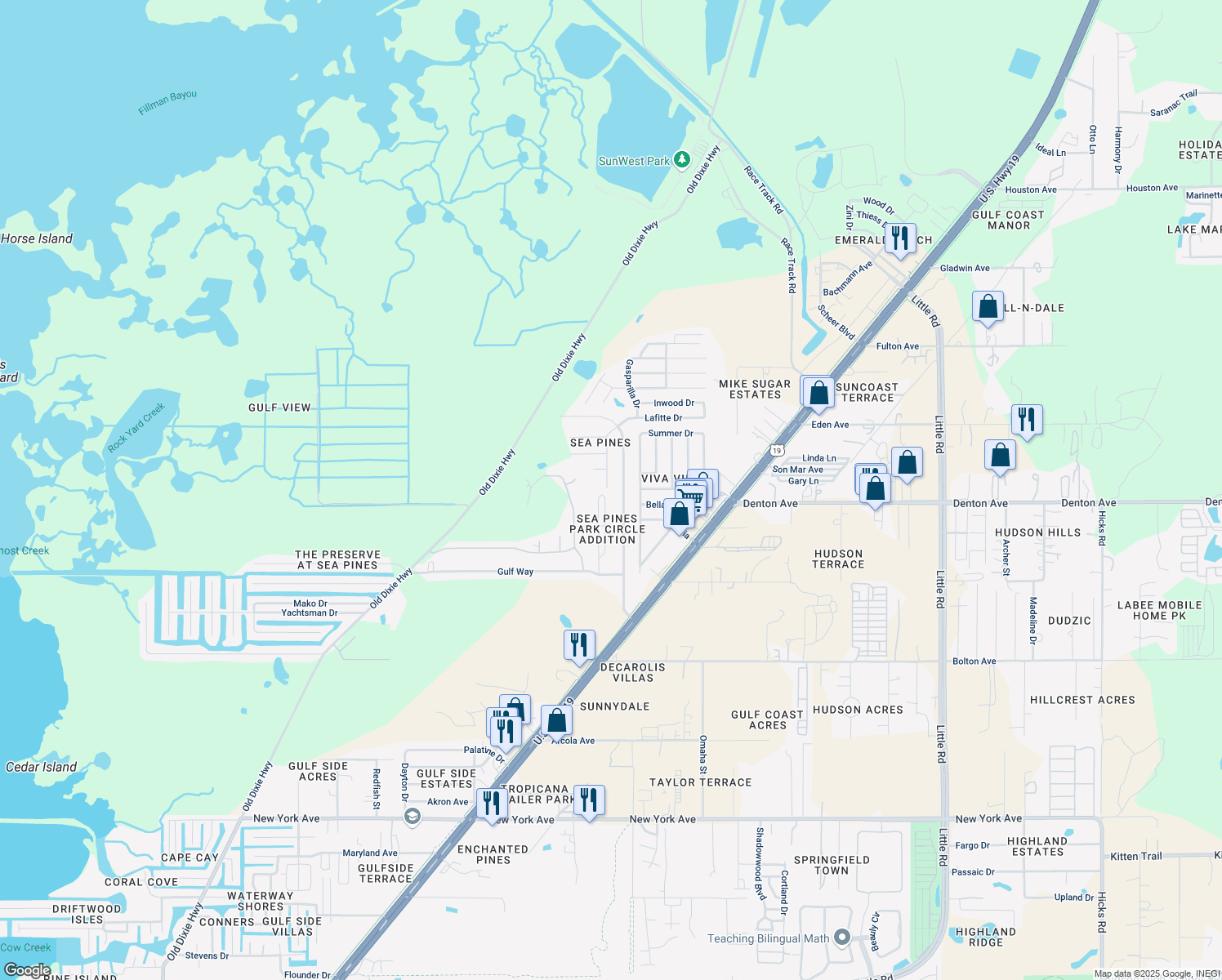 map of restaurants, bars, coffee shops, grocery stores, and more near 16020 Blackbeard Ln in Hudson