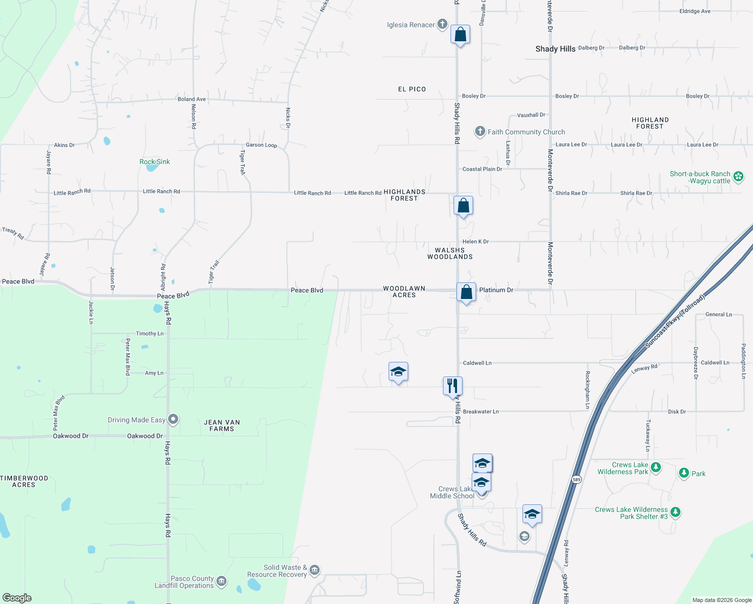 map of restaurants, bars, coffee shops, grocery stores, and more near 15542 Peace Boulevard in Spring Hill