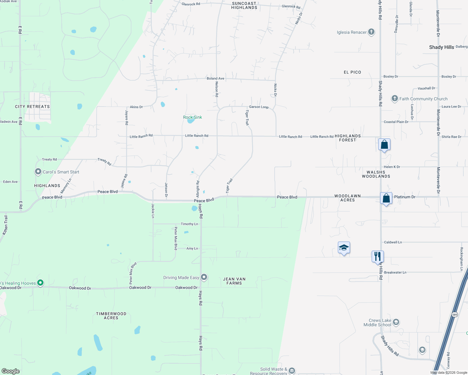 map of restaurants, bars, coffee shops, grocery stores, and more near 16212 Tiger Trail in Spring Hill