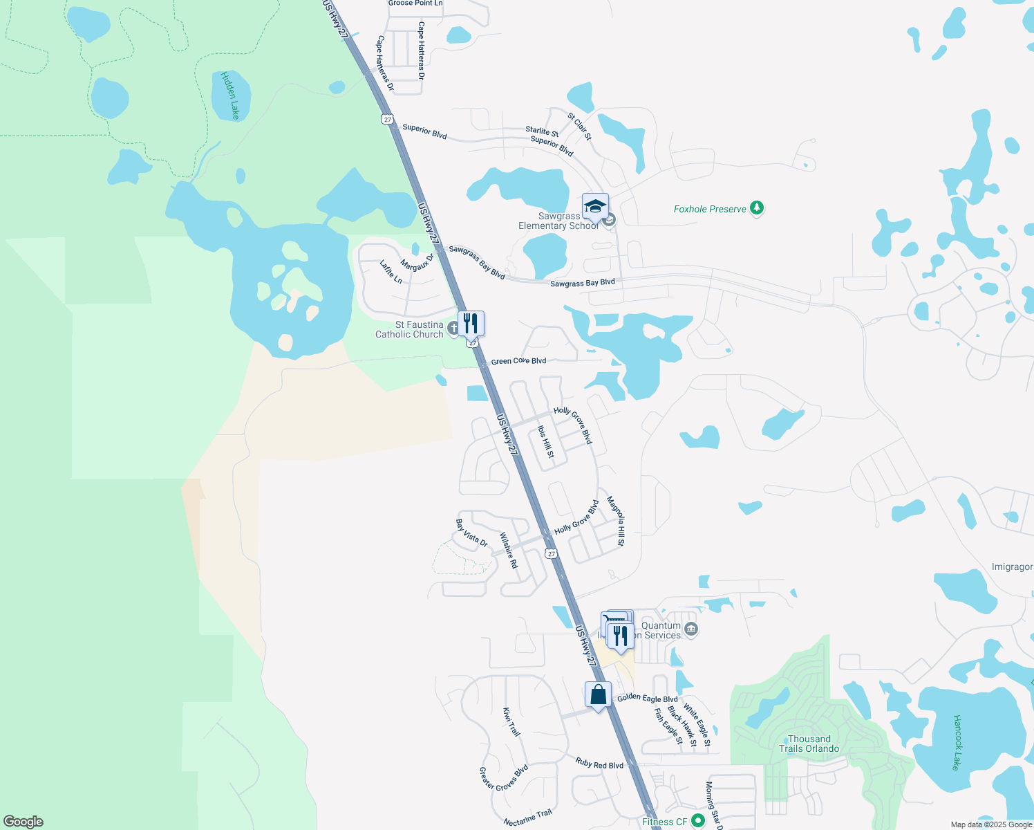 map of restaurants, bars, coffee shops, grocery stores, and more near 15805 Robin Hill Loop in Clermont
