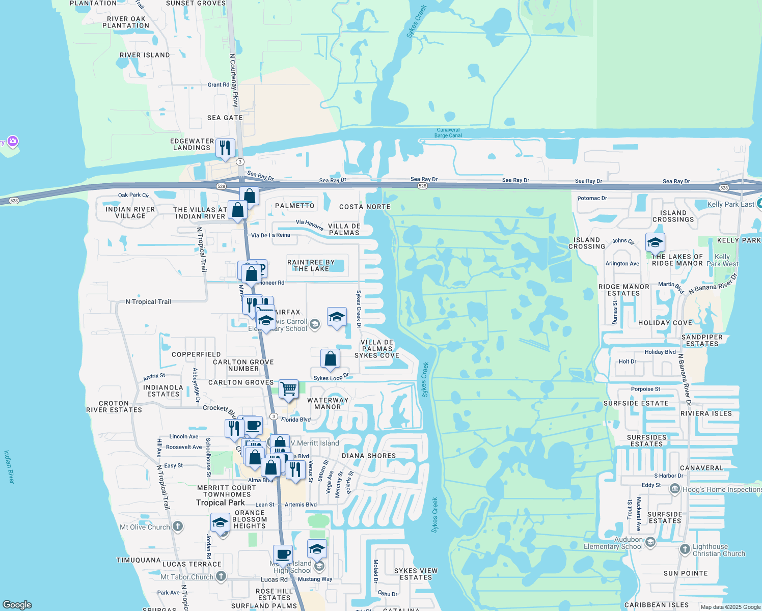 map of restaurants, bars, coffee shops, grocery stores, and more near 260 Madrid Ct in Merritt Island