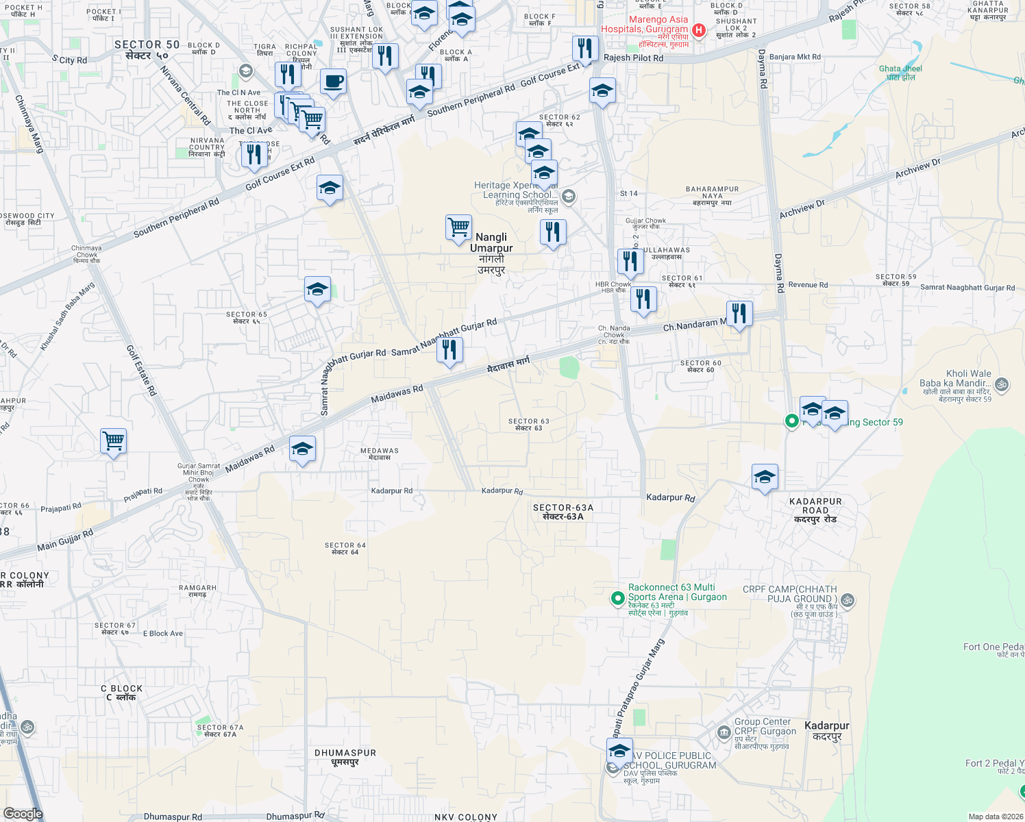 map of restaurants, bars, coffee shops, grocery stores, and more near in Gurugram
