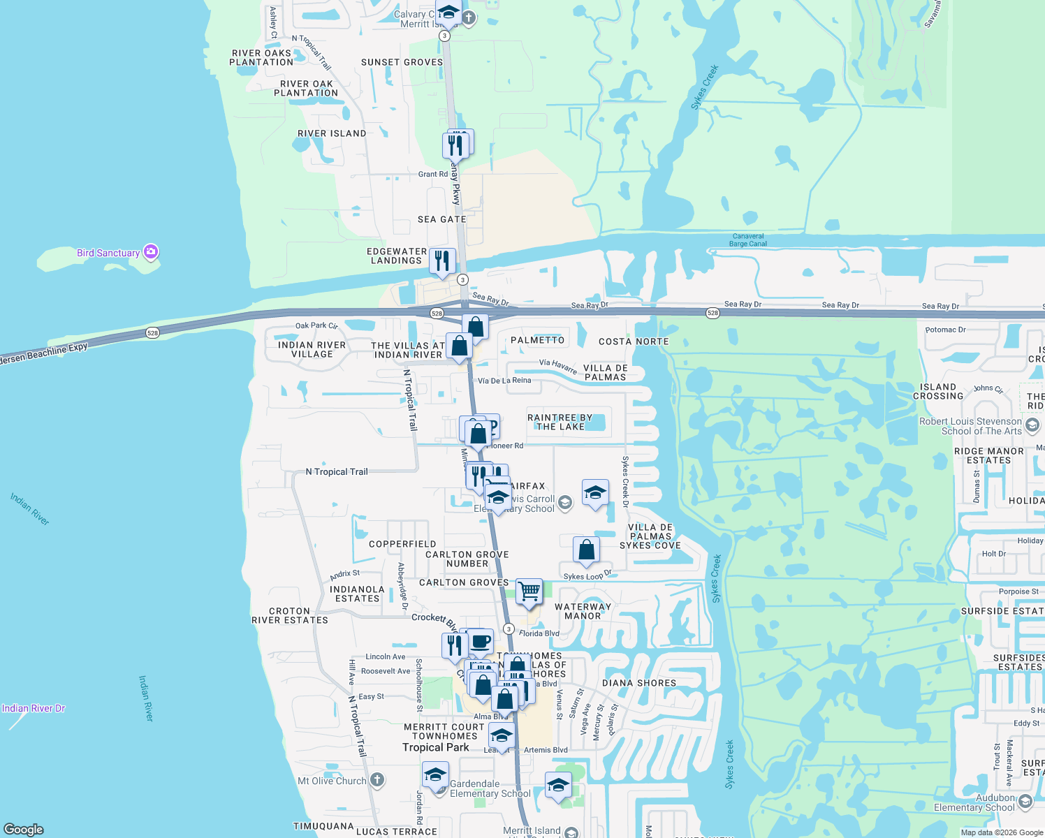 map of restaurants, bars, coffee shops, grocery stores, and more near 2355 Raintree Lake Circle in Merritt Island