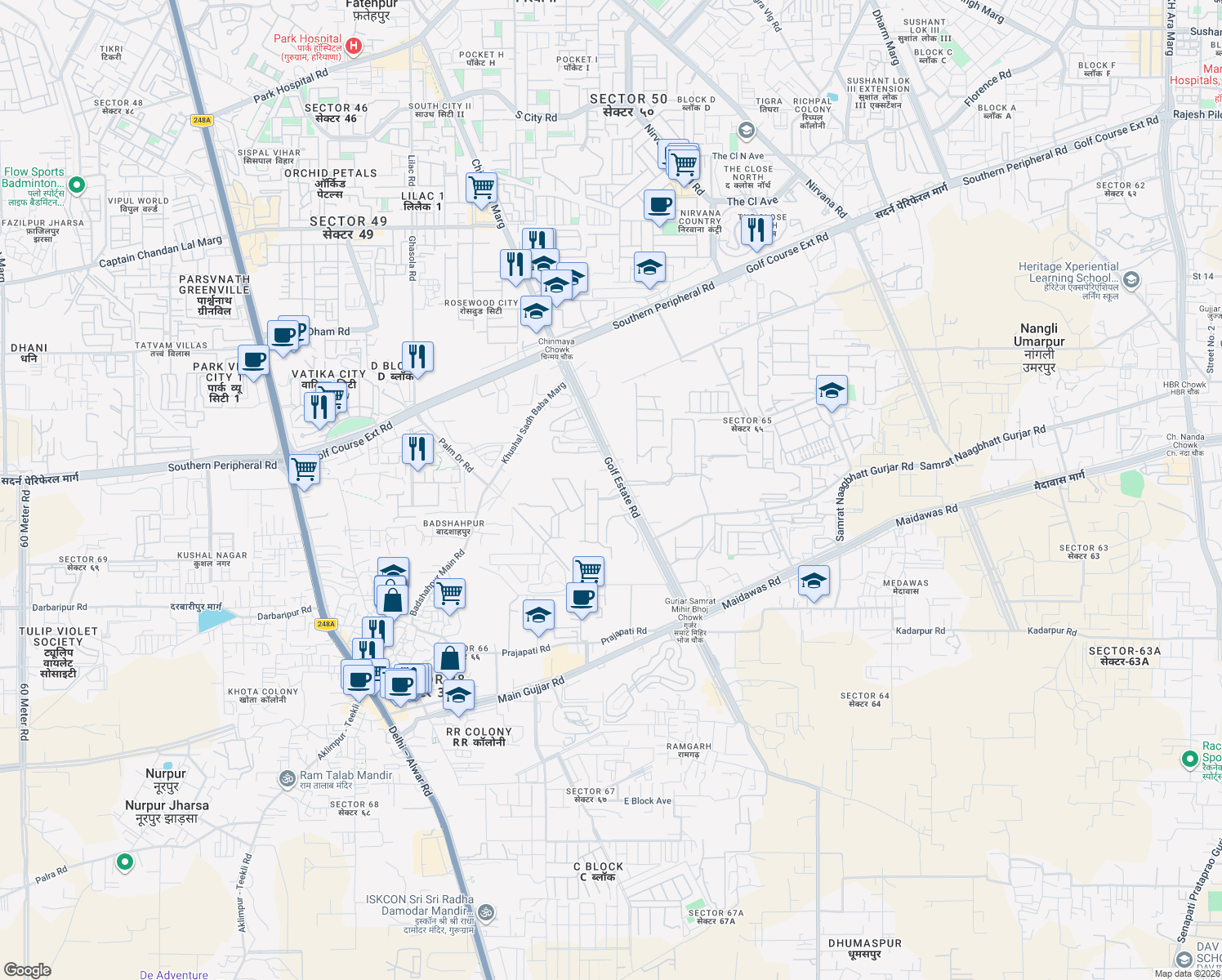 map of restaurants, bars, coffee shops, grocery stores, and more near Unnamed Road in Gurgaon