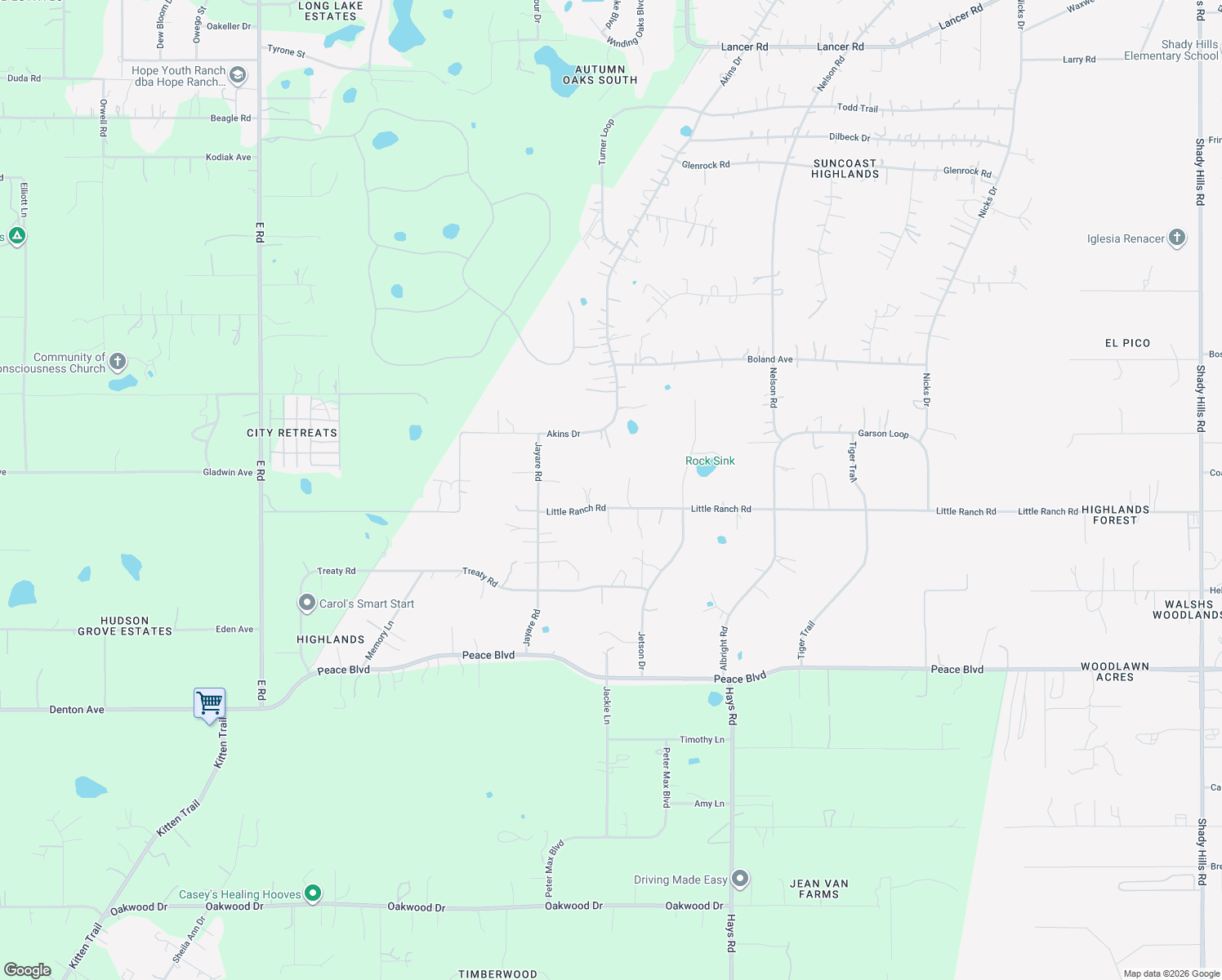 map of restaurants, bars, coffee shops, grocery stores, and more near 14105 Little Ranch Road in Spring Hill