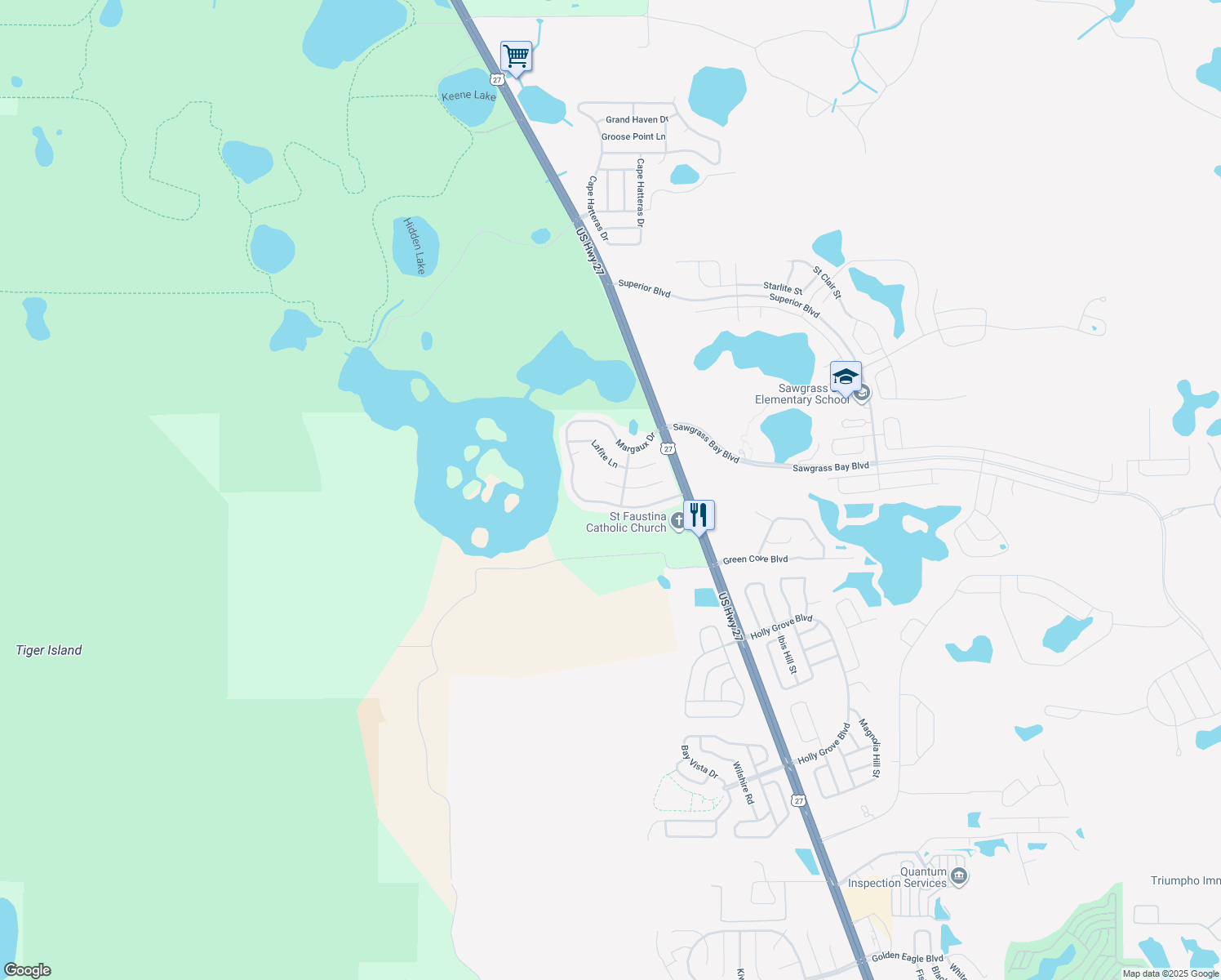 map of restaurants, bars, coffee shops, grocery stores, and more near 15318 Petrus Lane in Clermont