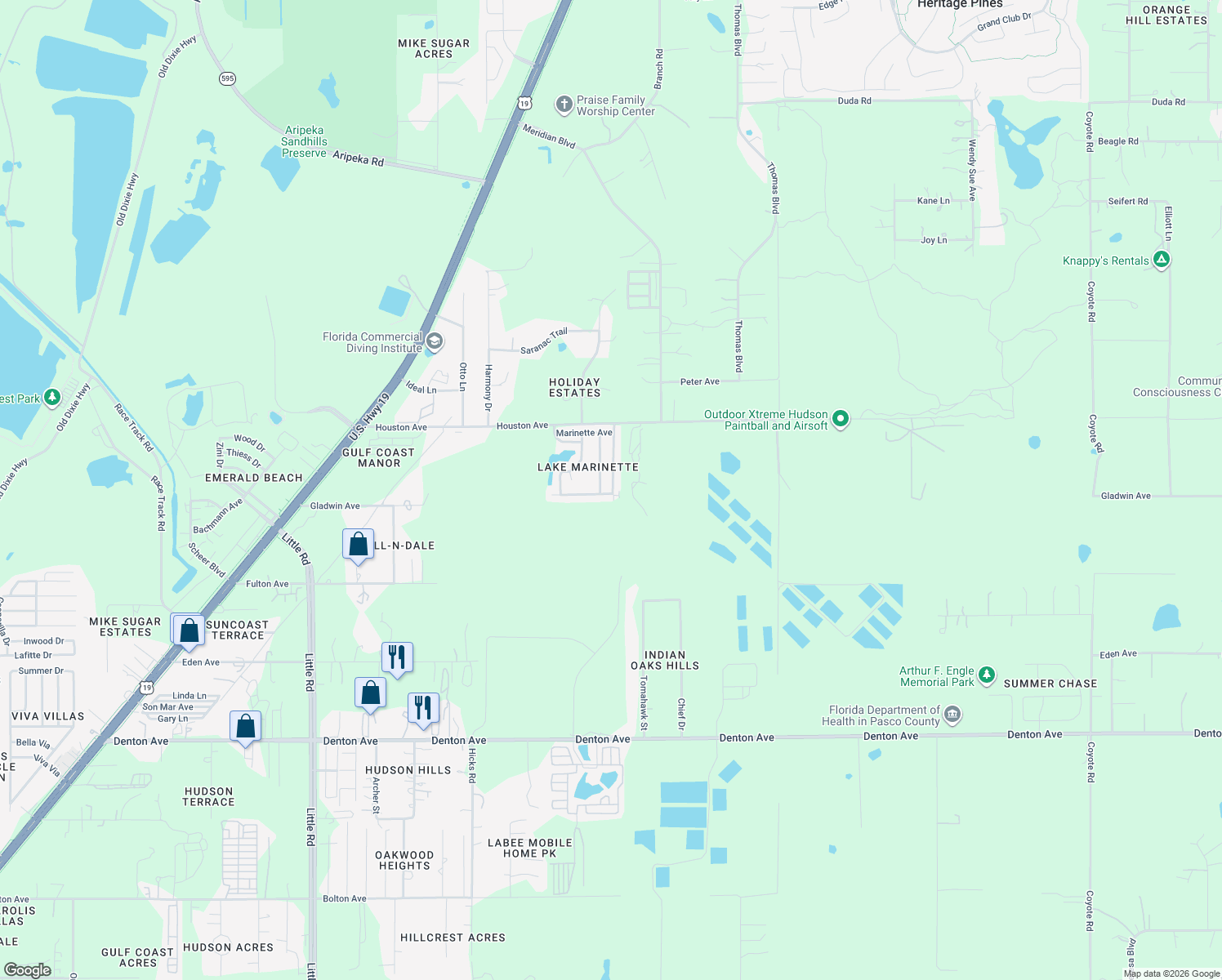 map of restaurants, bars, coffee shops, grocery stores, and more near 16735 Olivaud Street in Hudson
