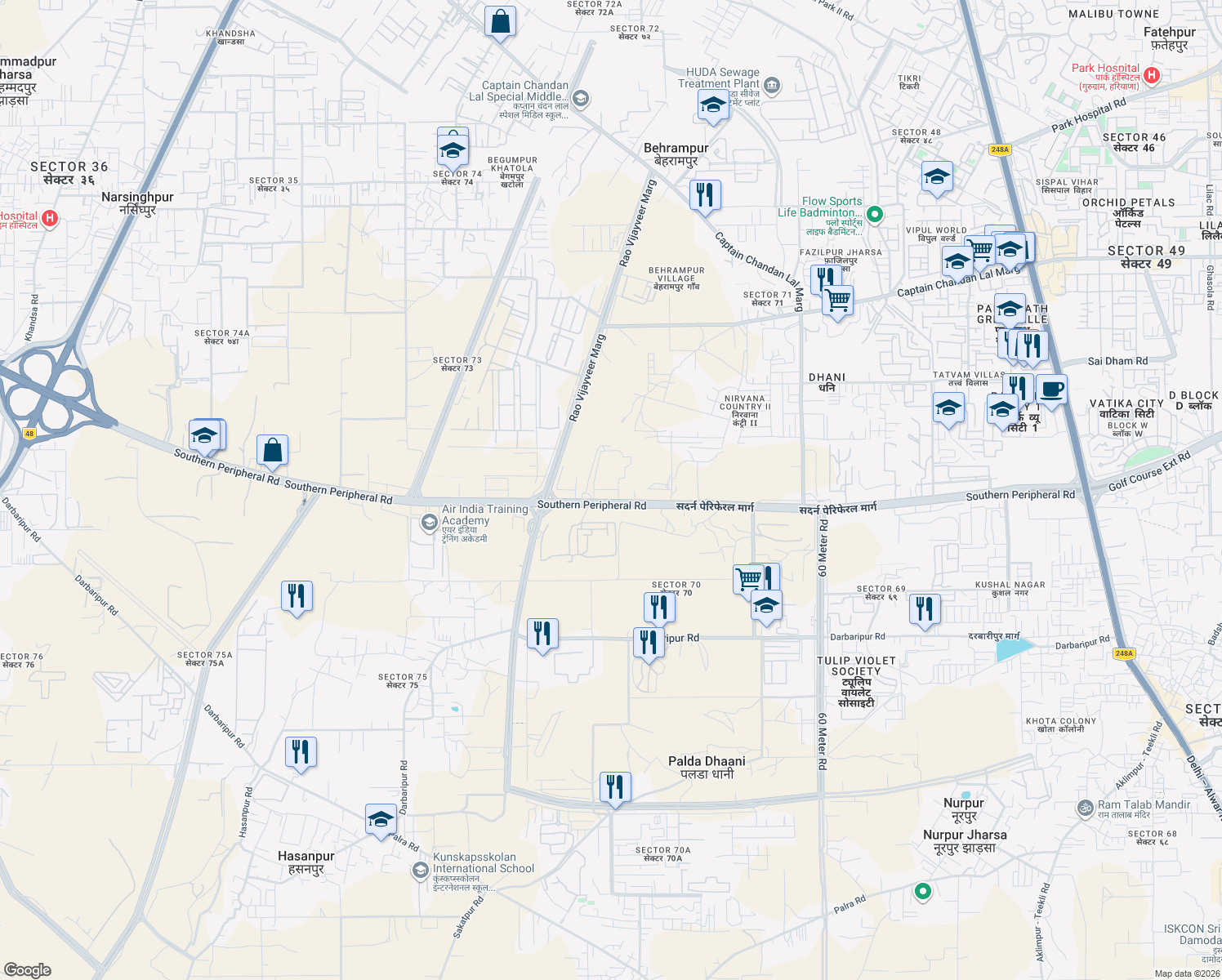 map of restaurants, bars, coffee shops, grocery stores, and more near in Gurugram