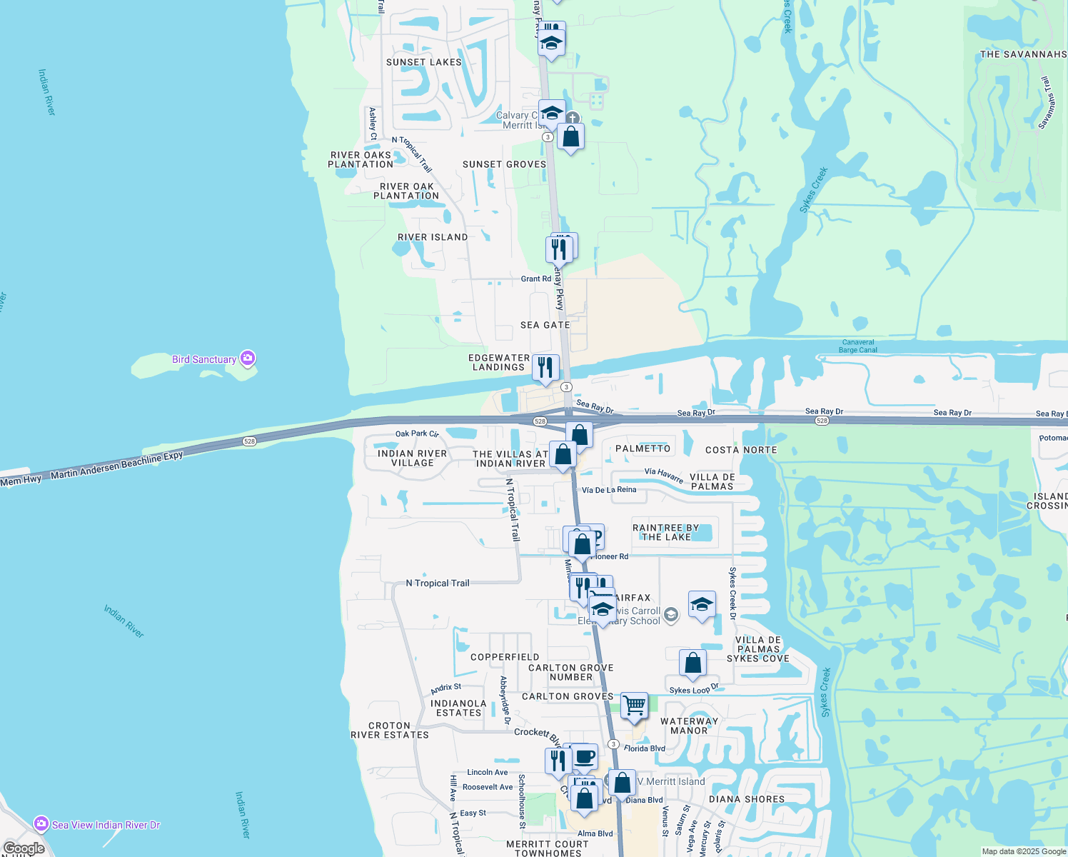 map of restaurants, bars, coffee shops, grocery stores, and more near 408 Via Palermo Court in Merritt Island