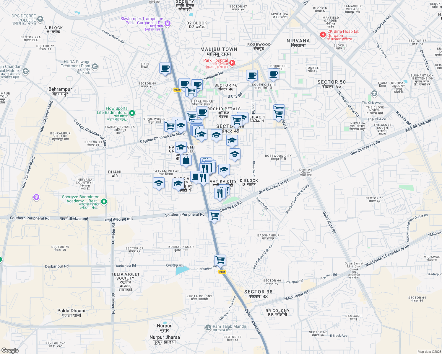 map of restaurants, bars, coffee shops, grocery stores, and more near in Gurugram