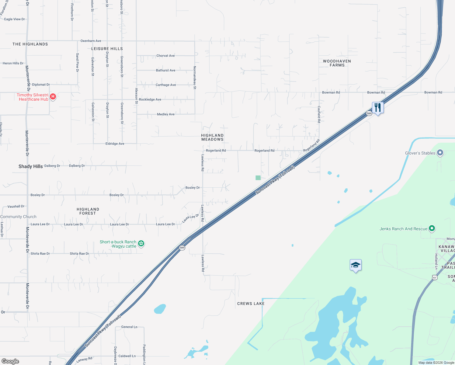 map of restaurants, bars, coffee shops, grocery stores, and more near 18151 Bosley Drive in Spring Hill