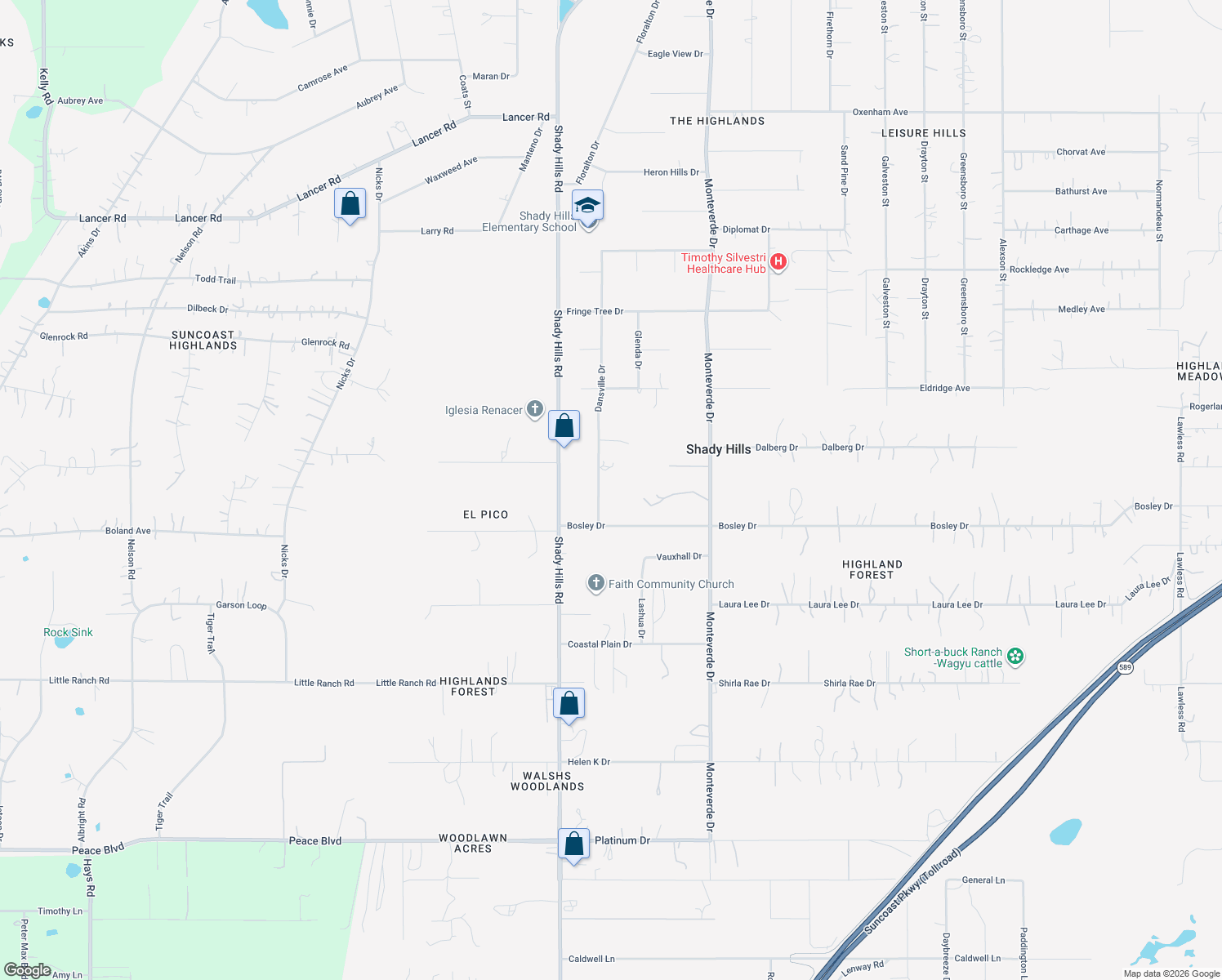 map of restaurants, bars, coffee shops, grocery stores, and more near 17222 Dansville Drive in Spring Hill