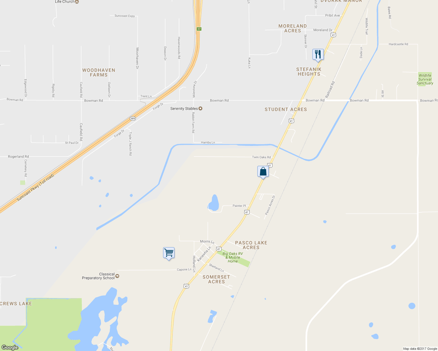 map of restaurants, bars, coffee shops, grocery stores, and more near 20136 Twin Oaks Road in Spring Hill