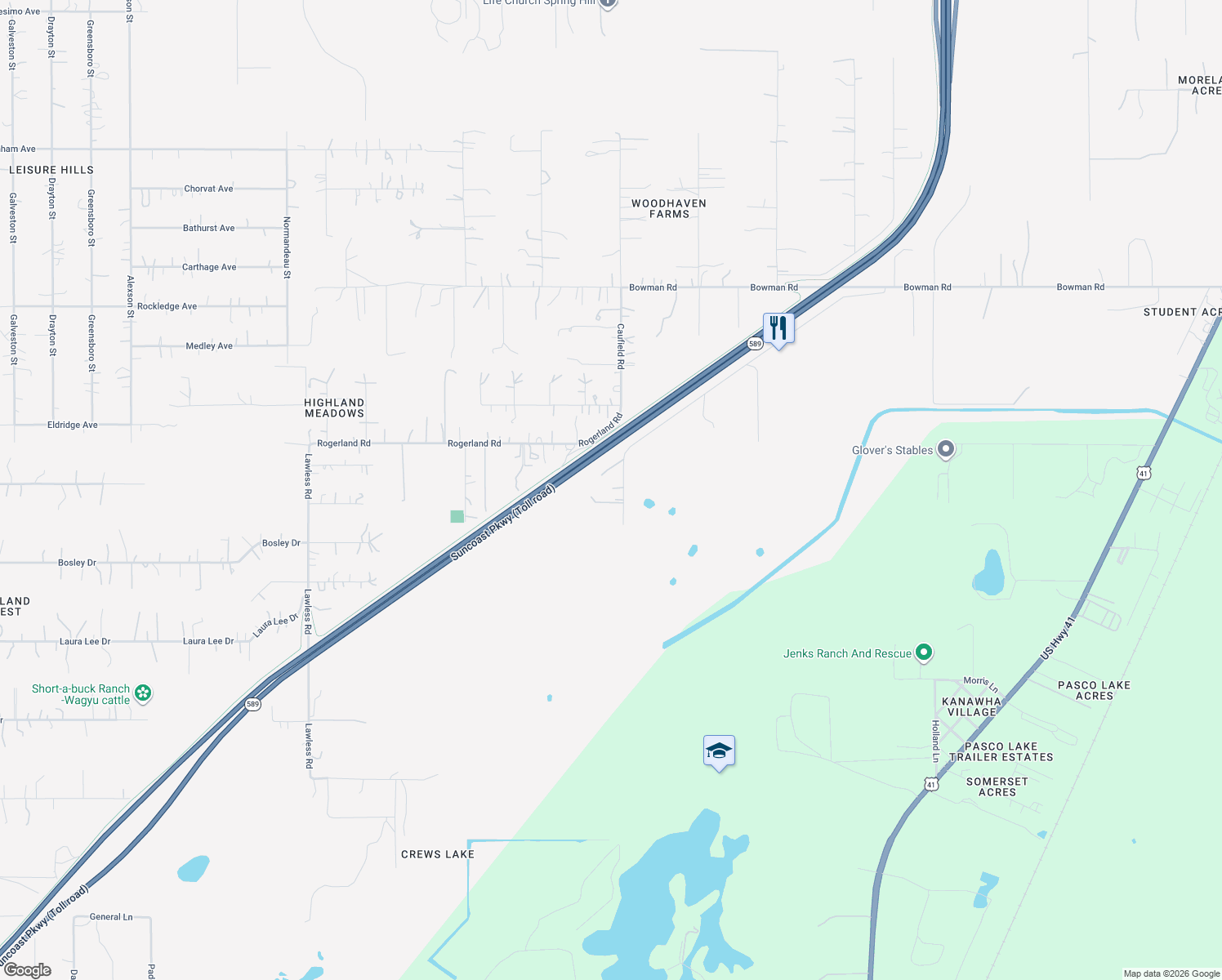 map of restaurants, bars, coffee shops, grocery stores, and more near 17327 Forge Drive in Spring Hill
