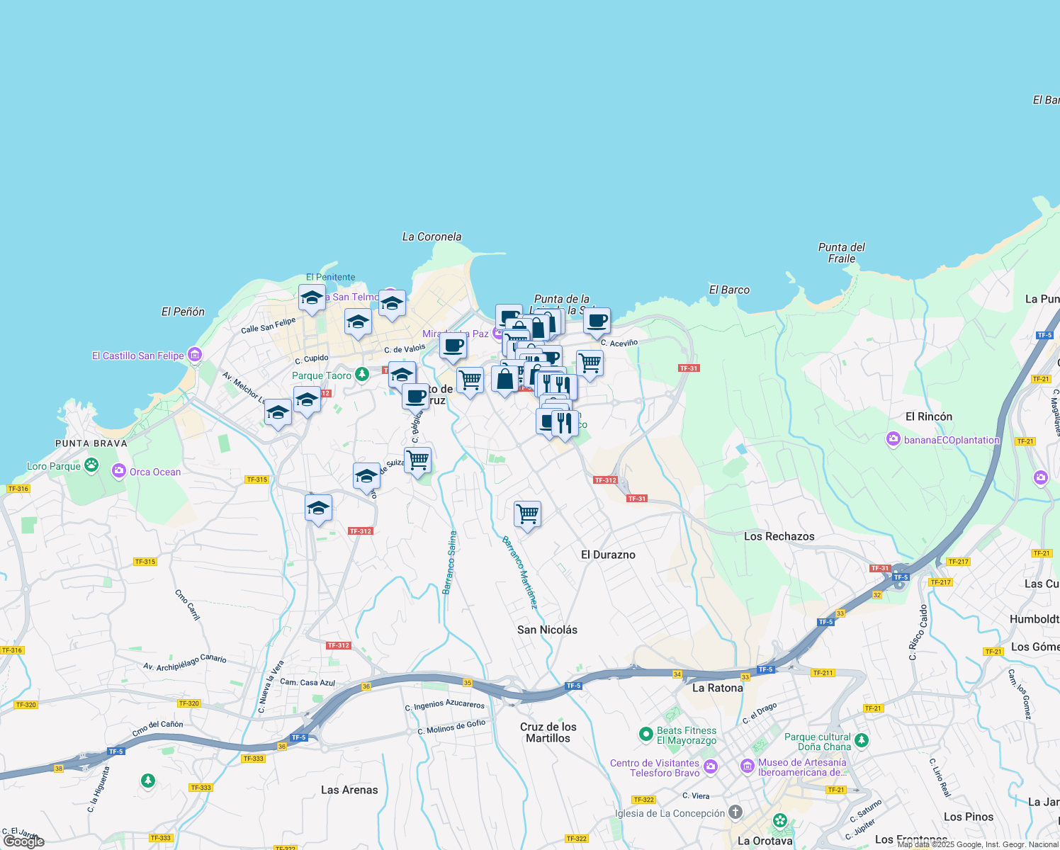 map of restaurants, bars, coffee shops, grocery stores, and more near 1 Calle Richard J. Yeoward in Puerto de la Cruz