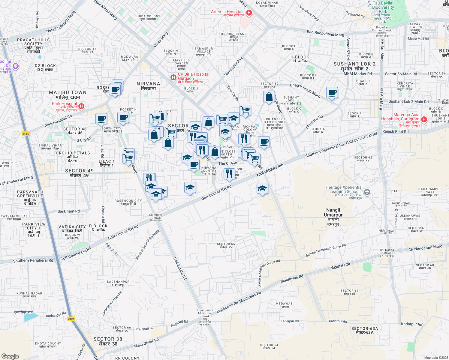 map of restaurants, bars, coffee shops, grocery stores, and more near 5 Nirvana Country Road in Gurugram