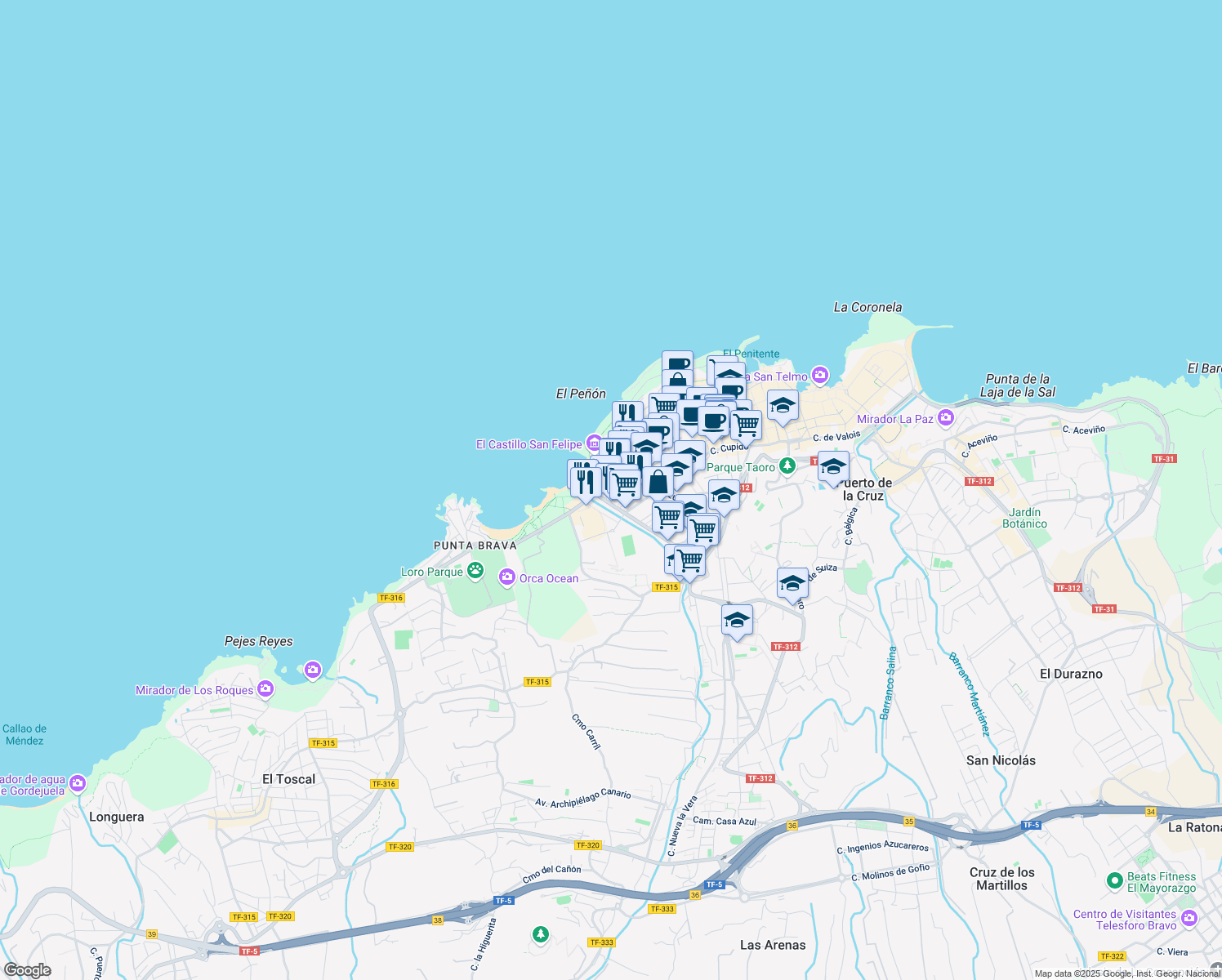 map of restaurants, bars, coffee shops, grocery stores, and more near 9 Avenida Jose Maria del Campo Llarena in Puerto de la Cruz