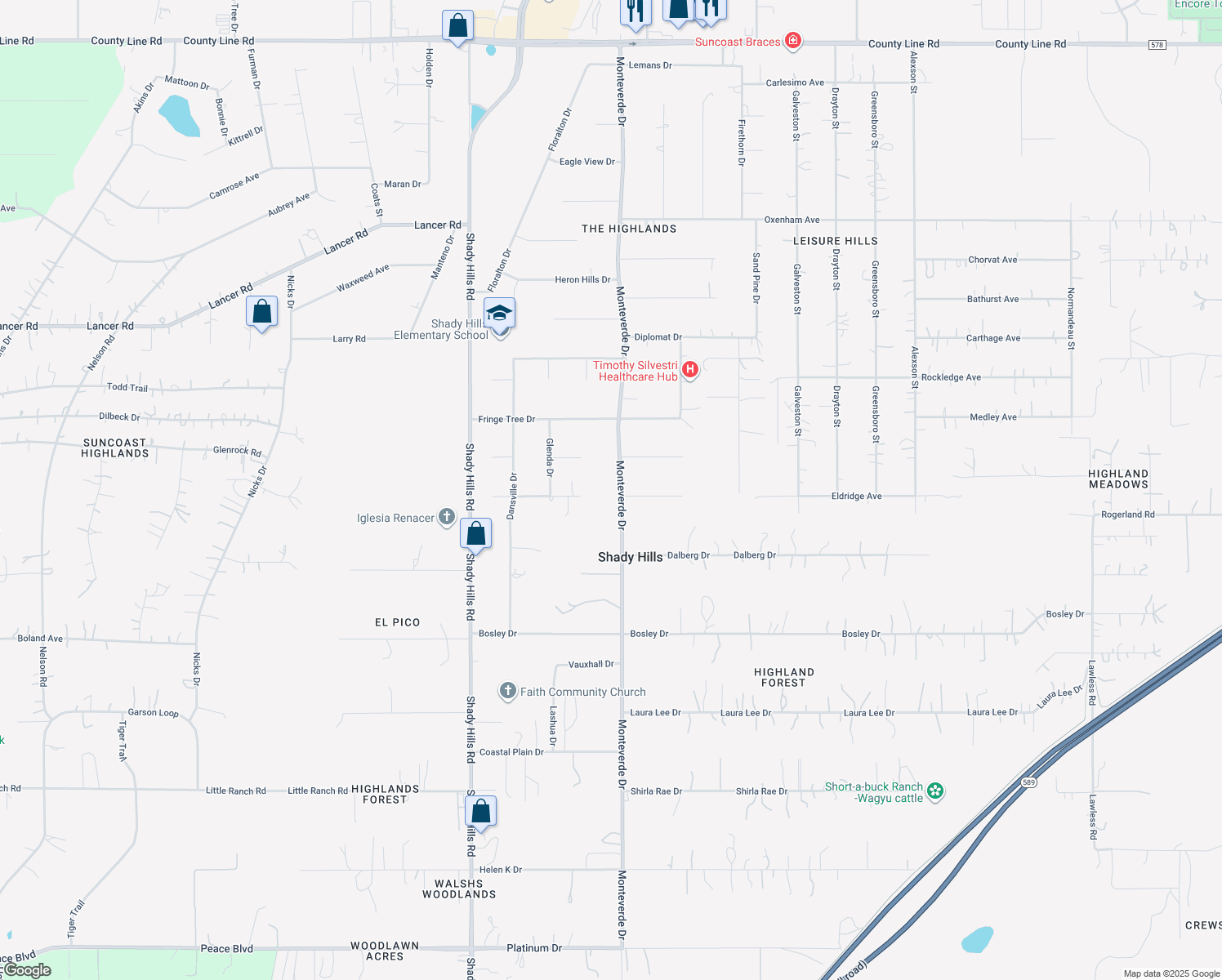map of restaurants, bars, coffee shops, grocery stores, and more near 17547 Monteverde Drive in Spring Hill