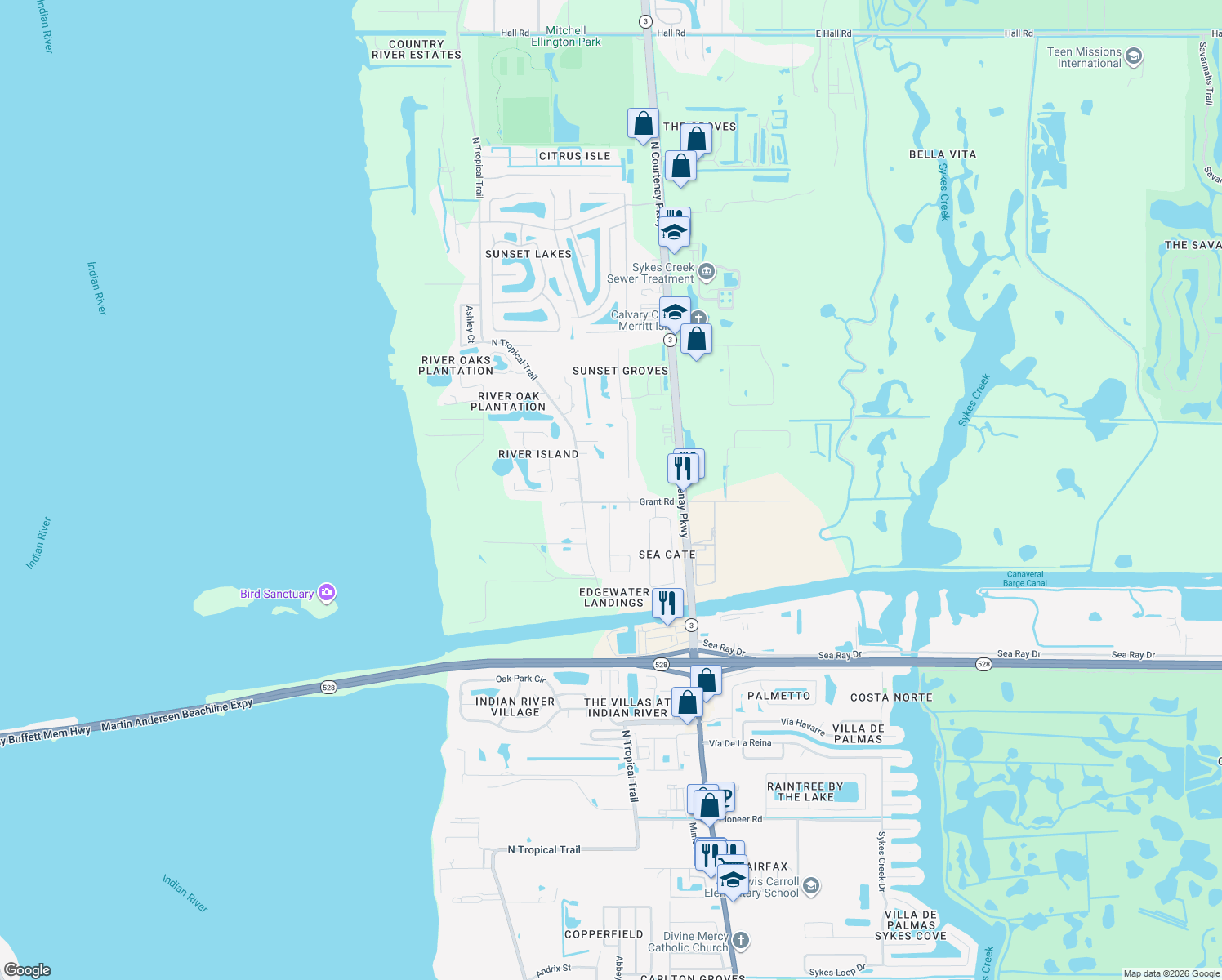 map of restaurants, bars, coffee shops, grocery stores, and more near 190 Grant Road in Merritt Island