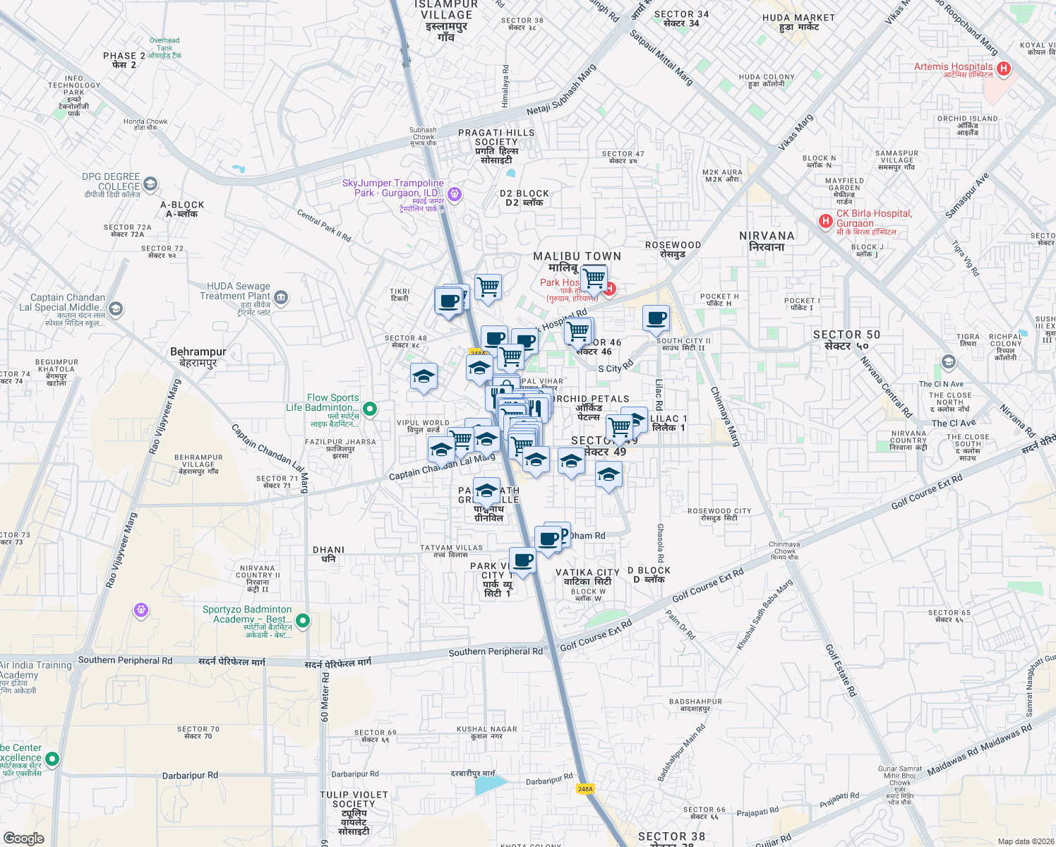 map of restaurants, bars, coffee shops, grocery stores, and more near Sispal Vihar Internal Road in Gurgaon