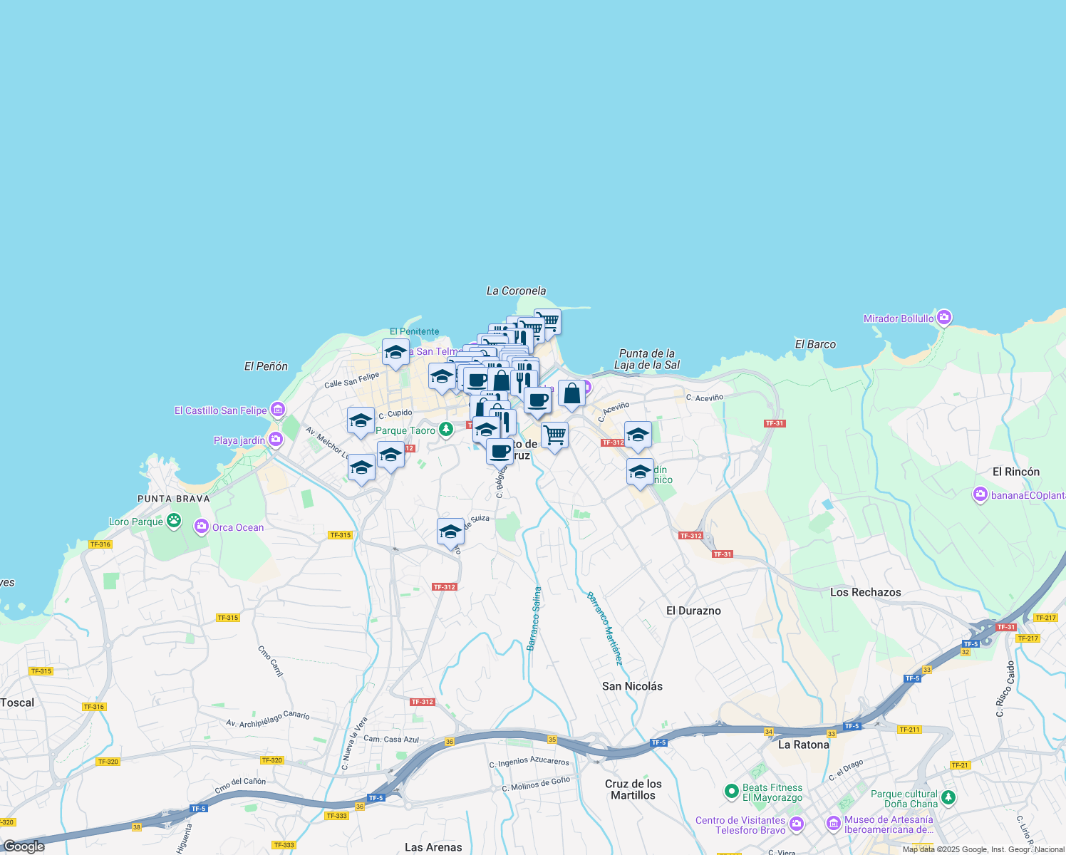 map of restaurants, bars, coffee shops, grocery stores, and more near 4 Calzada Martianez in Puerto de la Cruz