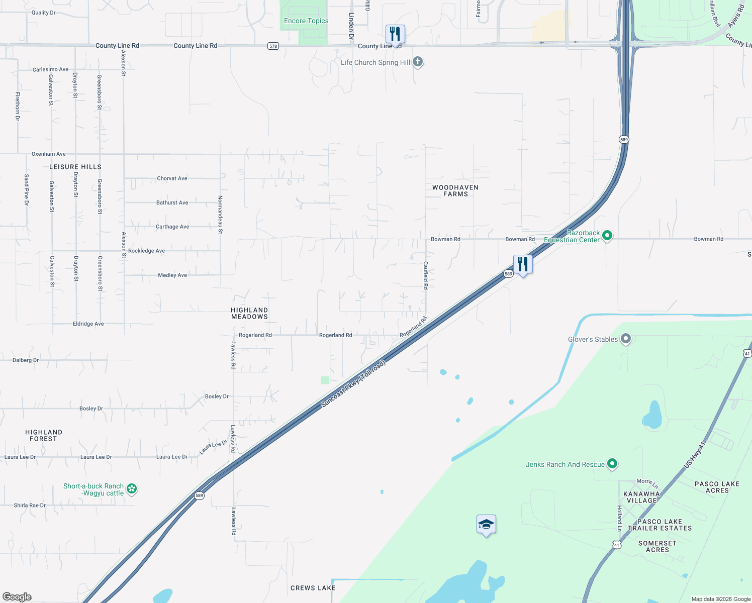 map of restaurants, bars, coffee shops, grocery stores, and more near 17643 Donnelly Court in Spring Hill