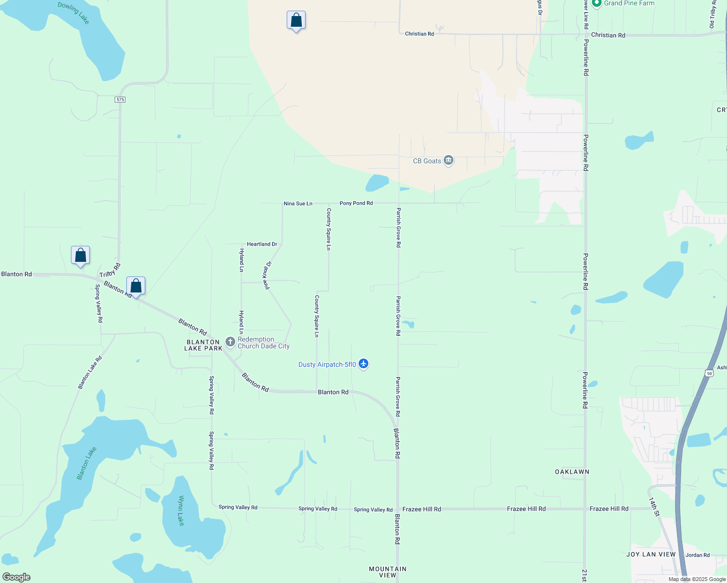 map of restaurants, bars, coffee shops, grocery stores, and more near 17647 Parrish Grove Road in Dade City