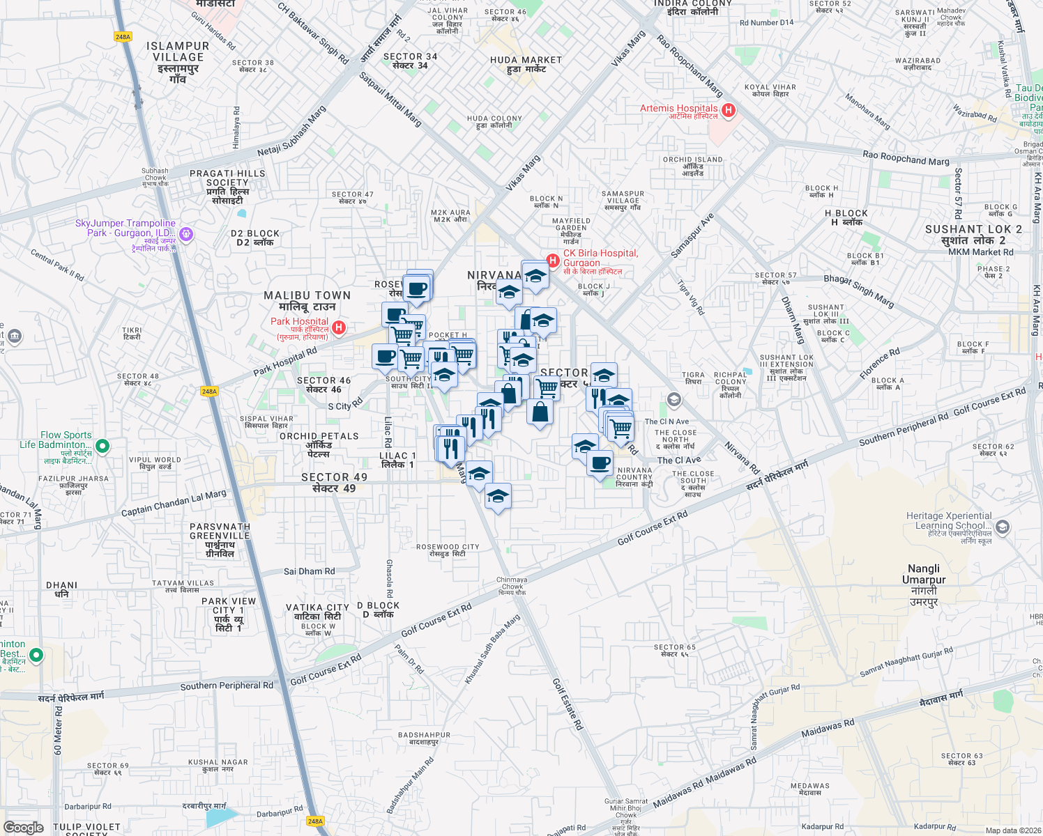 map of restaurants, bars, coffee shops, grocery stores, and more near 5 Nirvana Country Road in Gurugram
