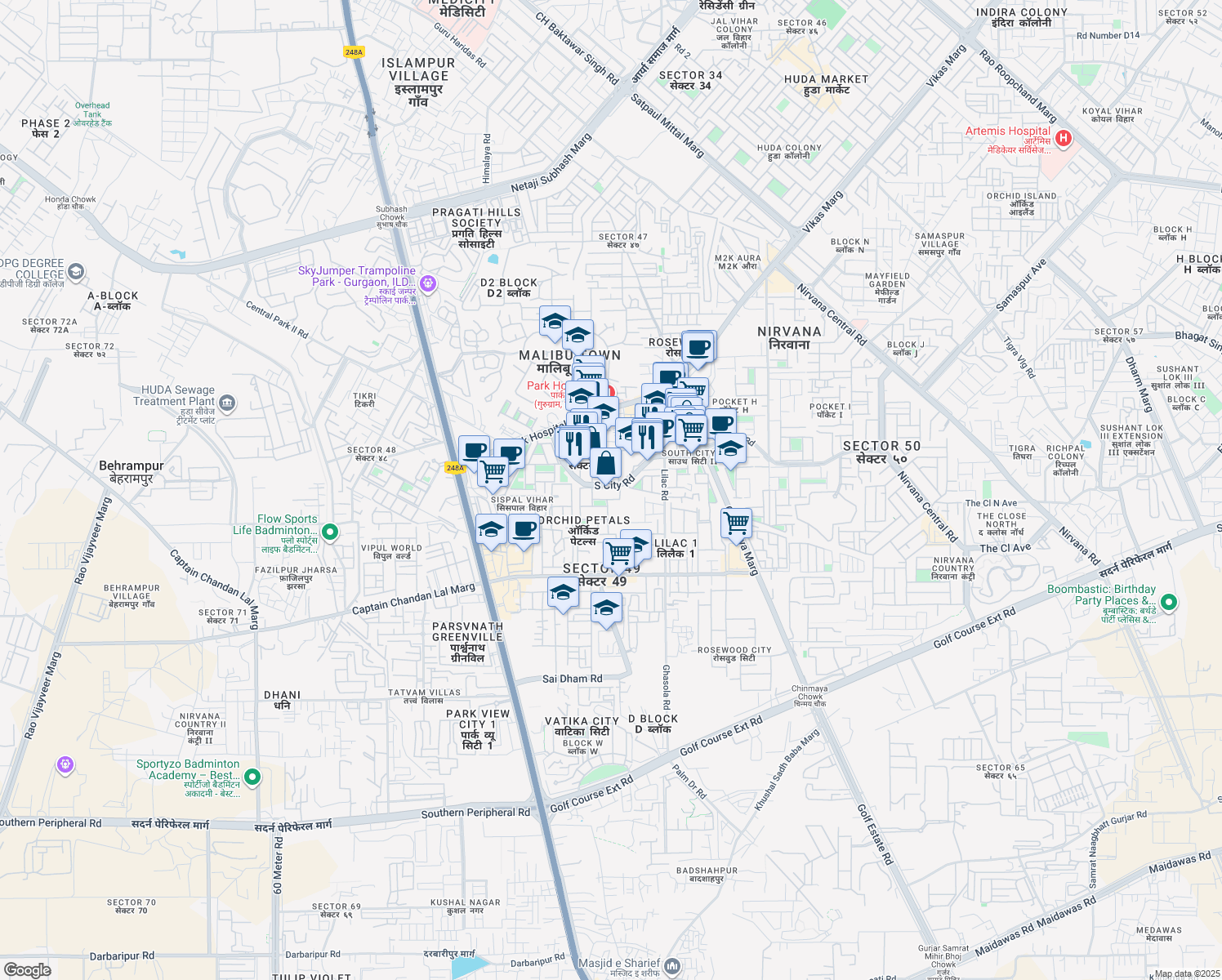 map of restaurants, bars, coffee shops, grocery stores, and more near in Gurugram