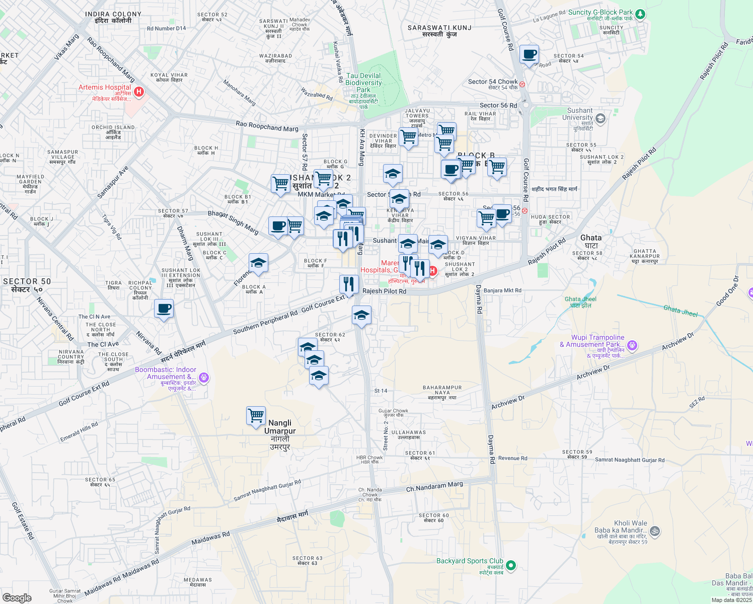 map of restaurants, bars, coffee shops, grocery stores, and more near in Gurugram