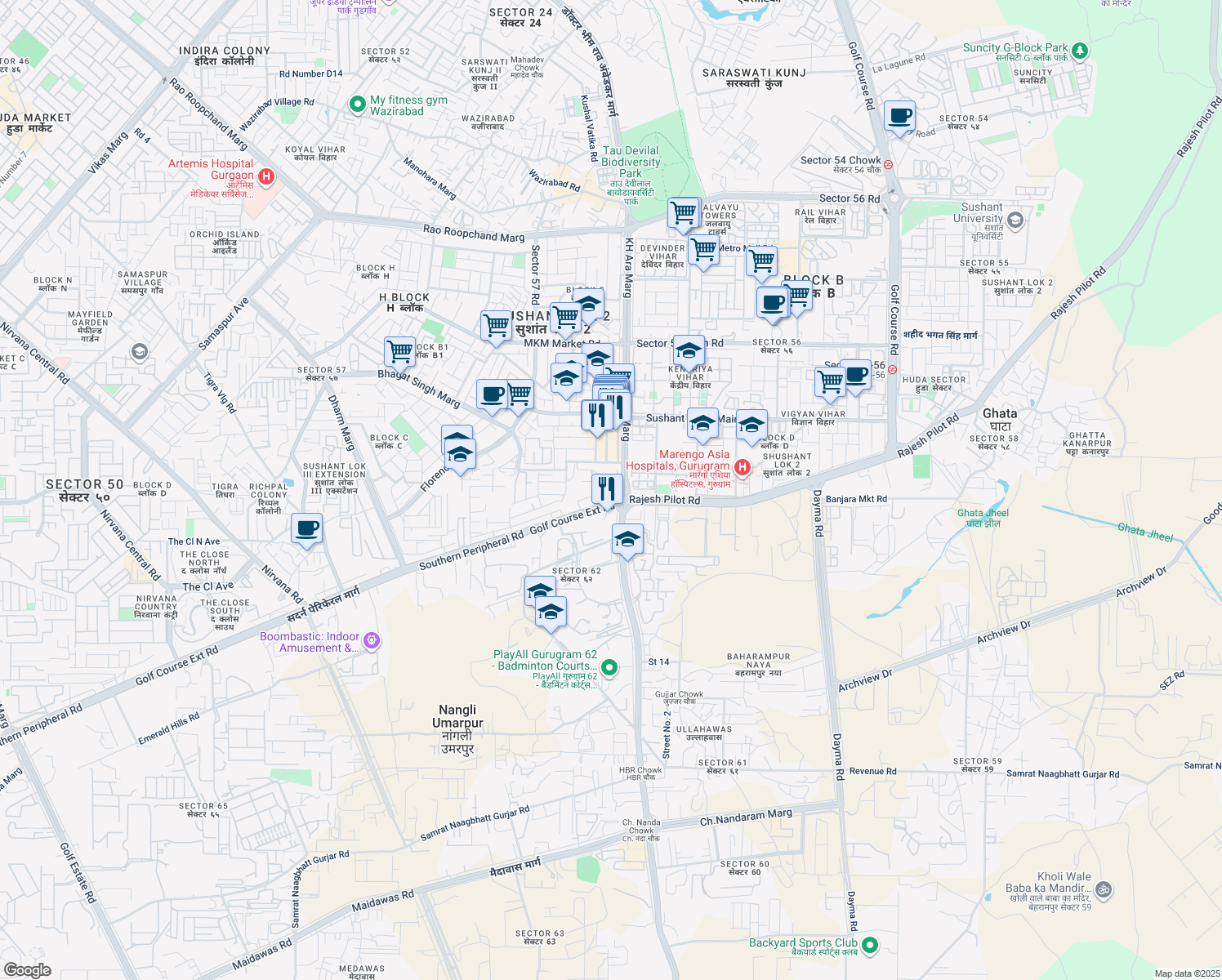map of restaurants, bars, coffee shops, grocery stores, and more near Golf Course Extension Road in Gurugram